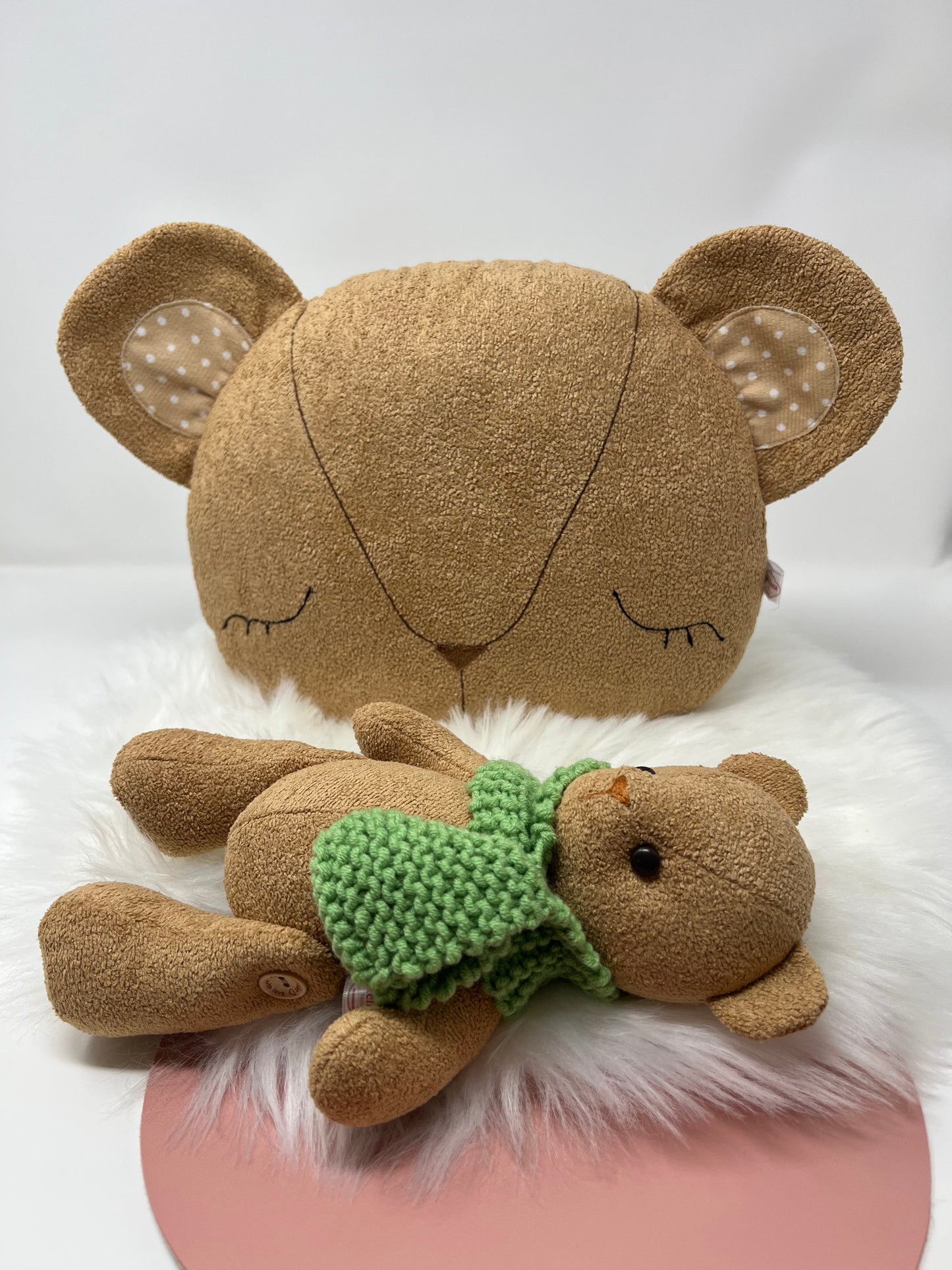 Special Mother’s Day Bundle - Mini Brown velvet Boucle teddy Bear (open eye with green scarf)+ Teddy bear Cushion
