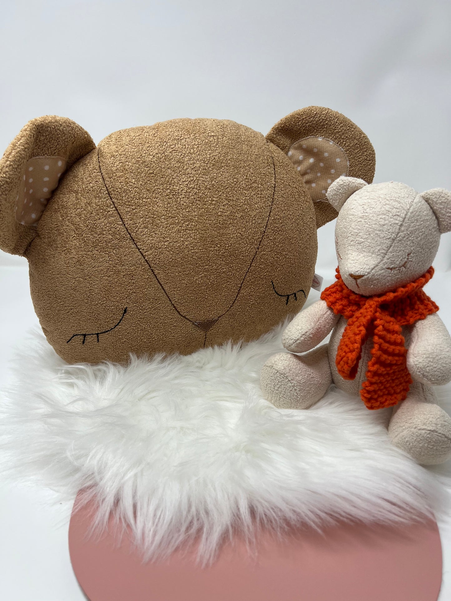 Special Mother’s Day Bundle - Mini cream bear with sleeping eyes ( orange scarf) + Teddy bear Cushion
