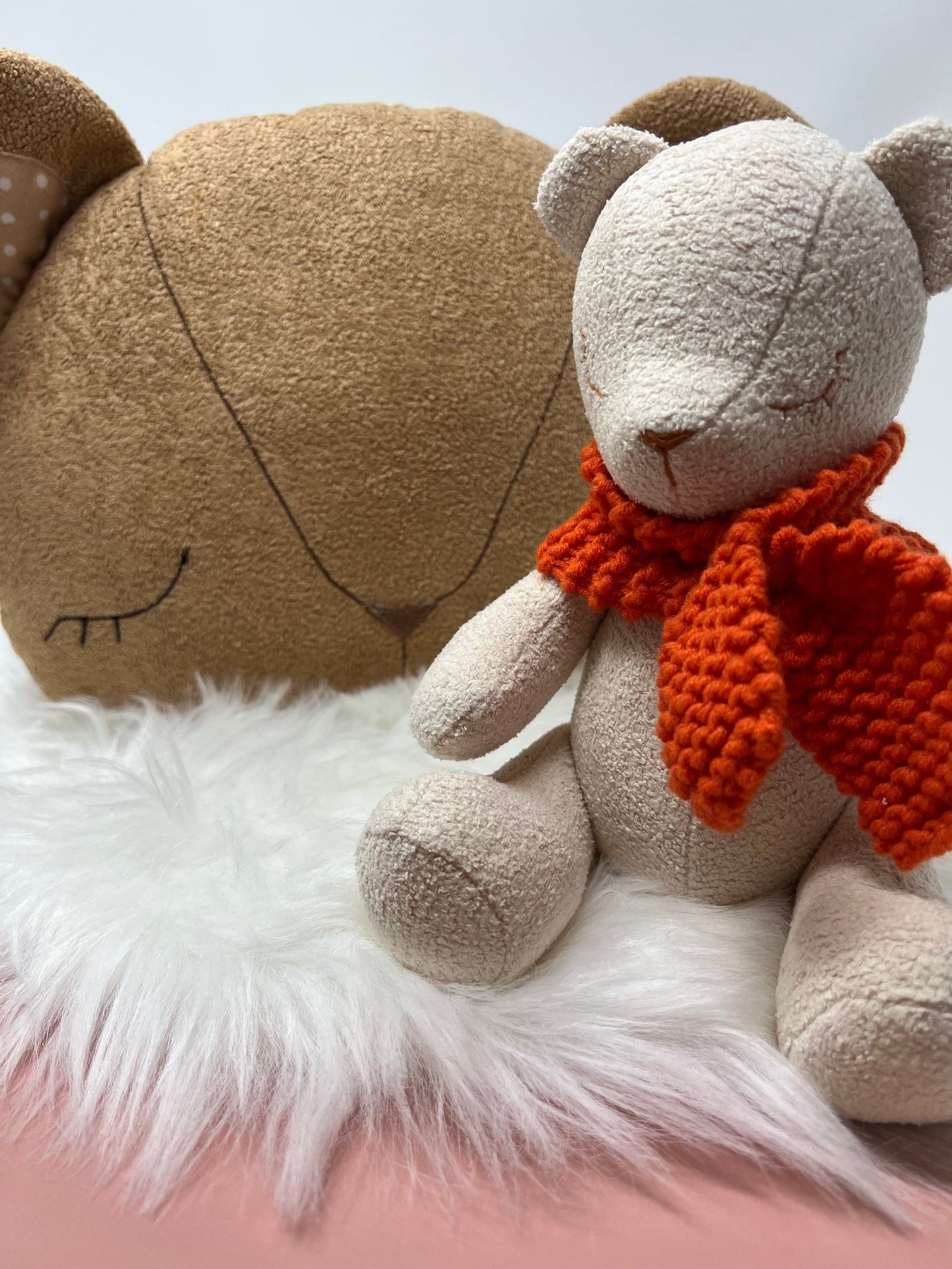 Special Mother’s Day Bundle - Mini cream bear with sleeping eyes ( orange scarf) + Teddy bear Cushion