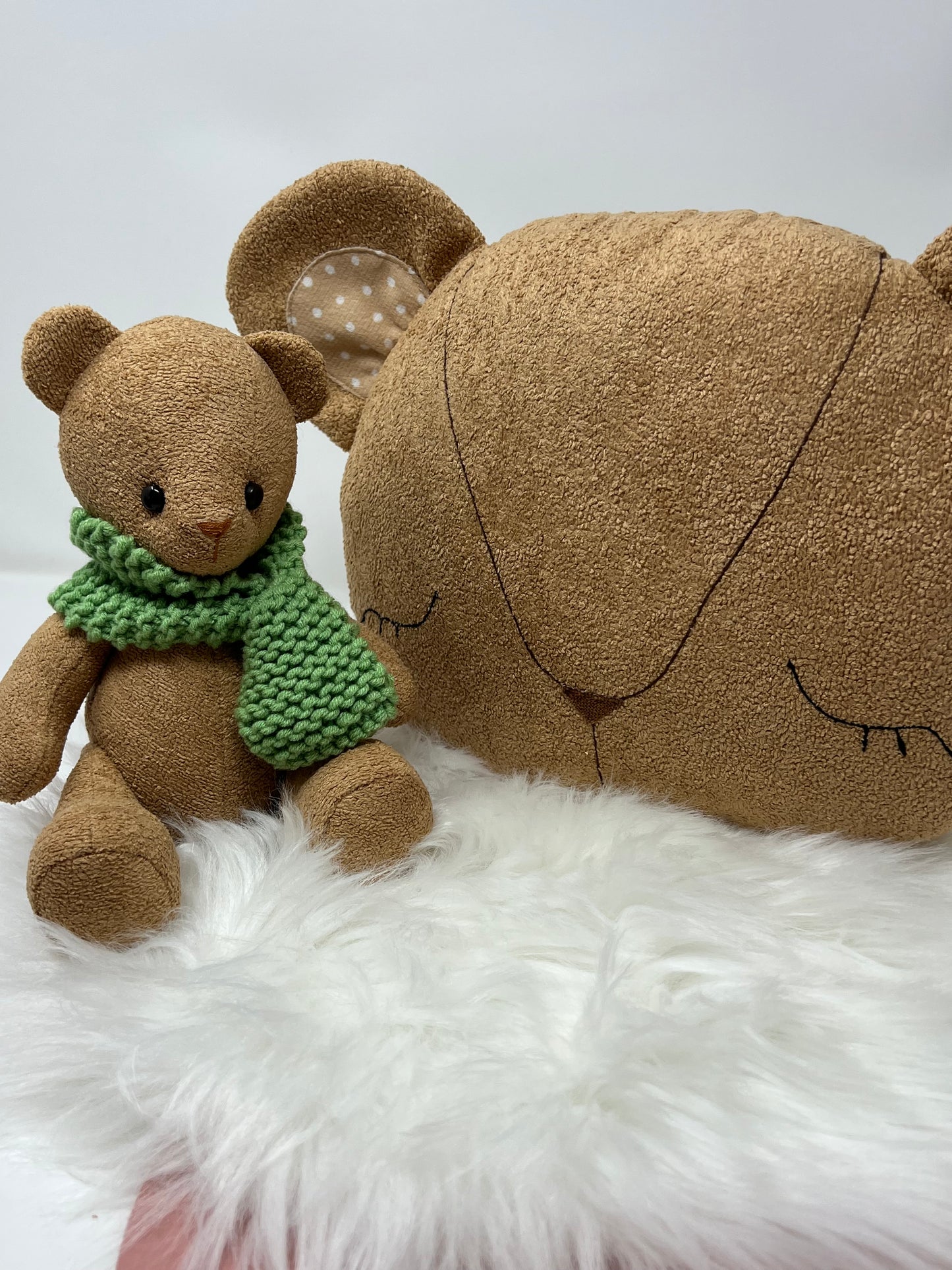 Special Mother’s Day Bundle - Mini Brown velvet Boucle teddy Bear (open eye with green scarf)+ Teddy bear Cushion