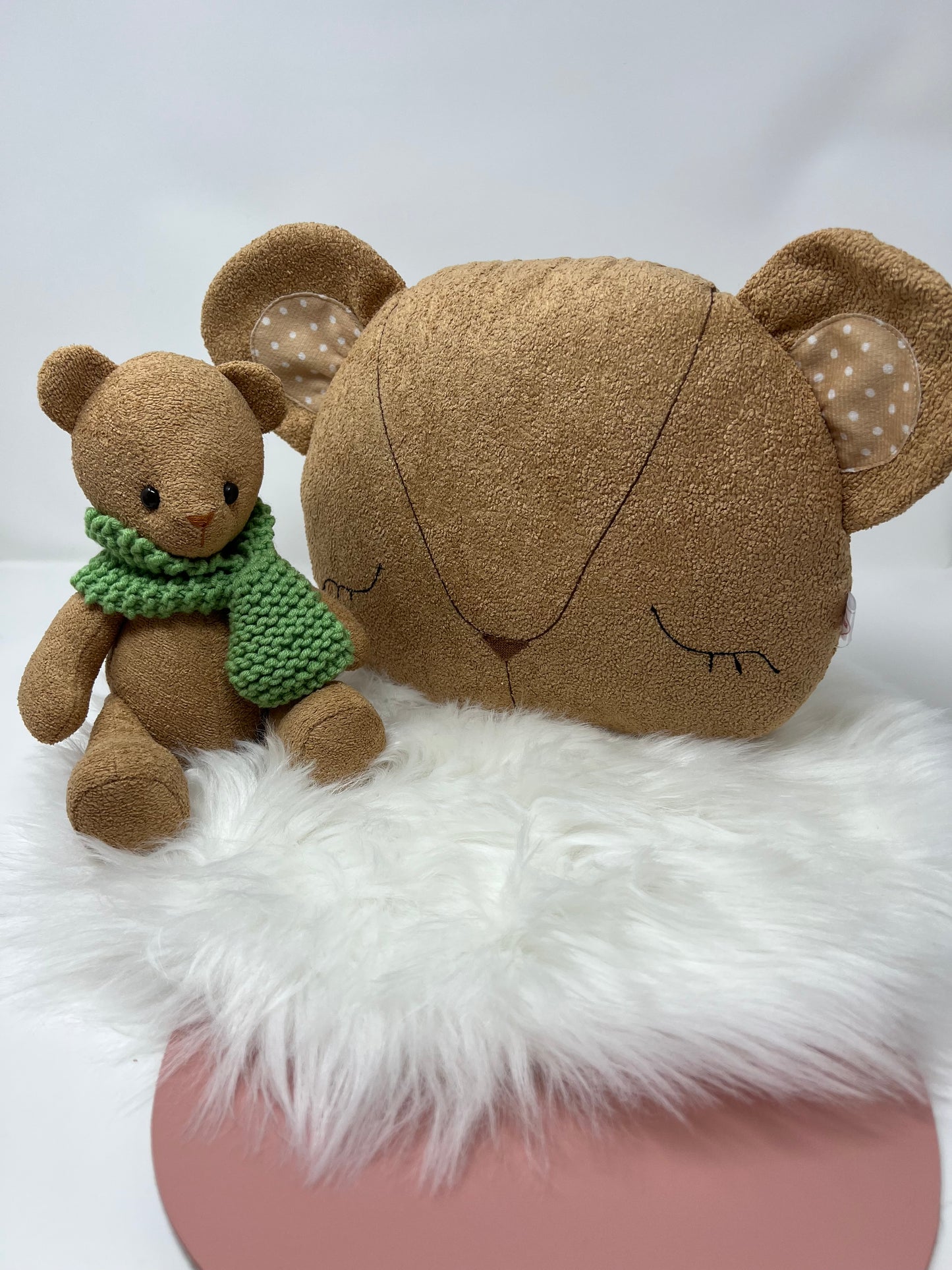 Special Mother’s Day Bundle - Mini Brown velvet Boucle teddy Bear (open eye with green scarf)+ Teddy bear Cushion