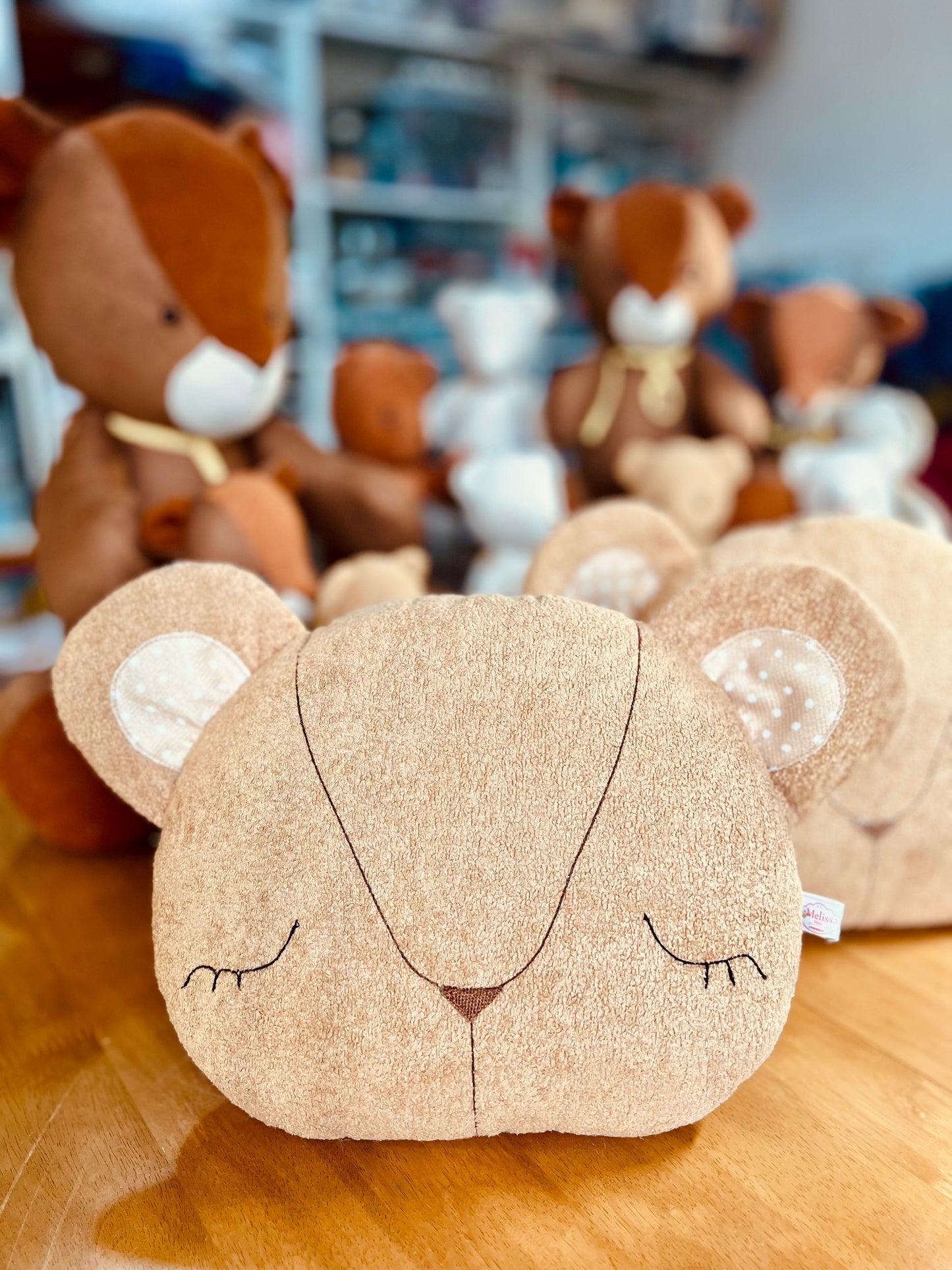 Special Mother’s Day Bundle - Mini cream bear with sleeping eyes ( orange scarf) + Teddy bear Cushion