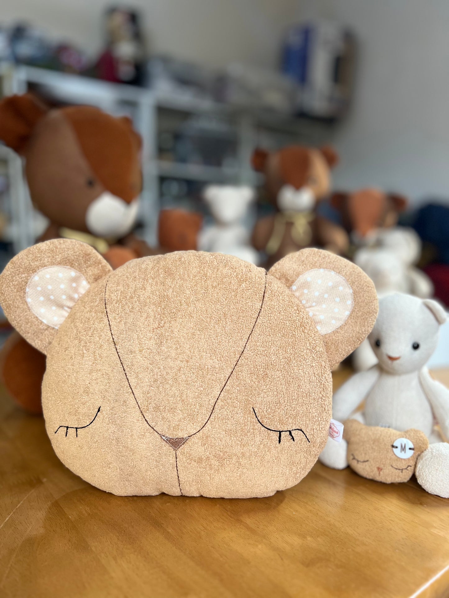 Special Mother’s Day Bundle - Mini cream bear with sleeping eyes ( orange scarf) + Teddy bear Cushion