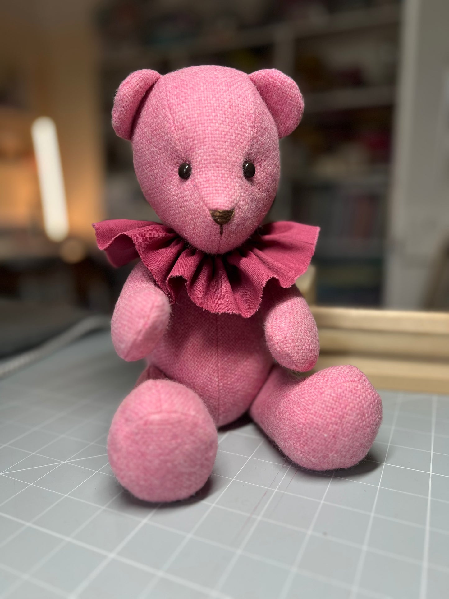 Adorable Handmade Teddy Bear in Pink Manx Tweed fabric - cuddly with closed eyes.
