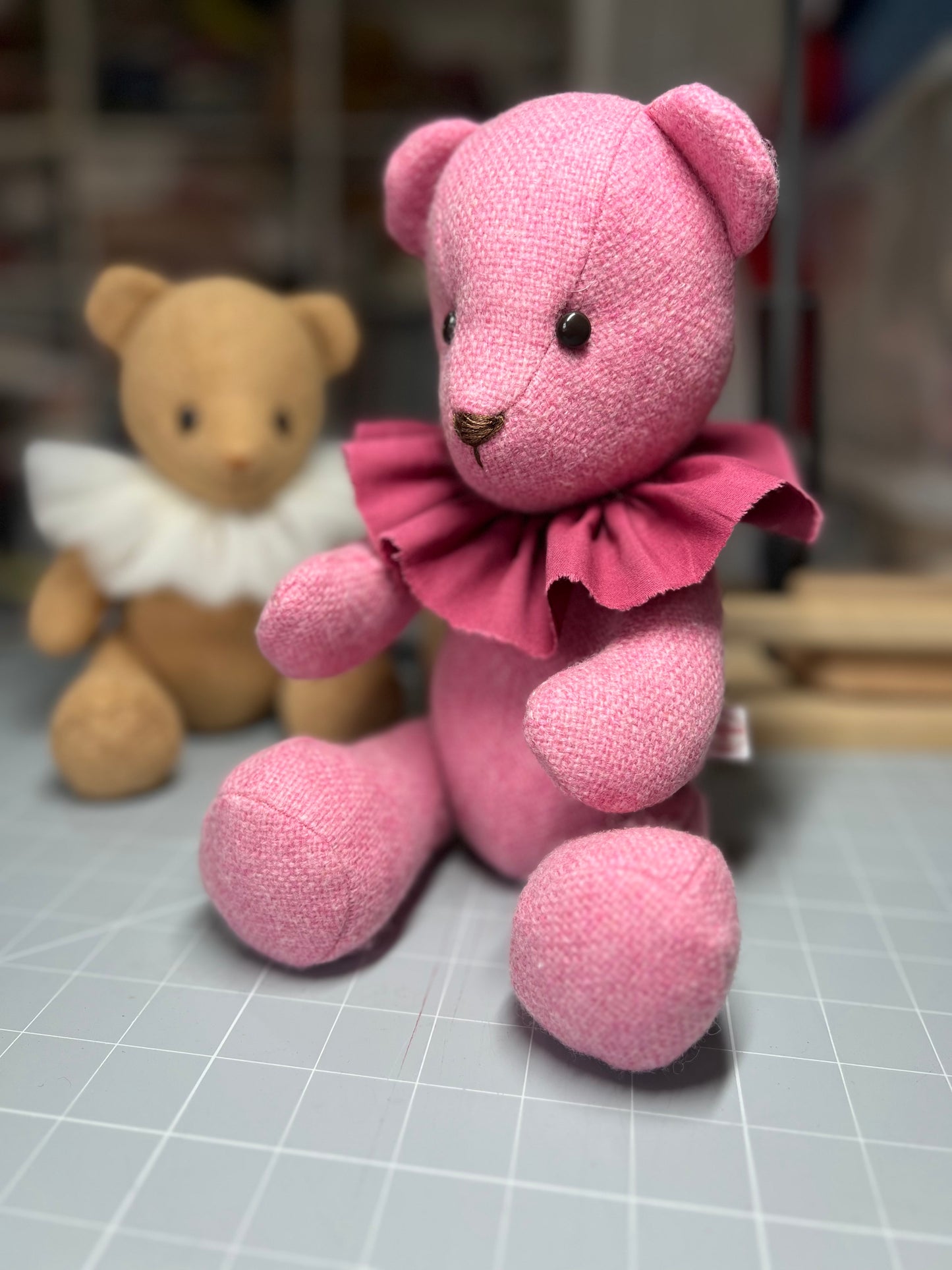Adorable Handmade Teddy Bear in Pink Manx Tweed fabric - cuddly with closed eyes.