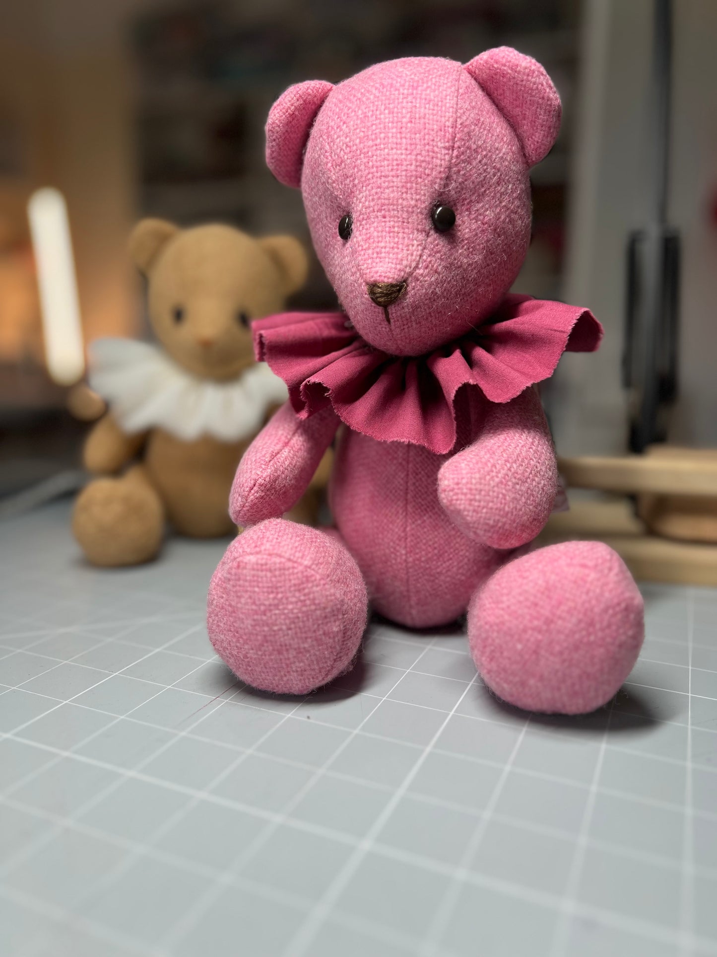 Adorable Handmade Teddy Bear in Pink Manx Tweed fabric - cuddly with closed eyes.