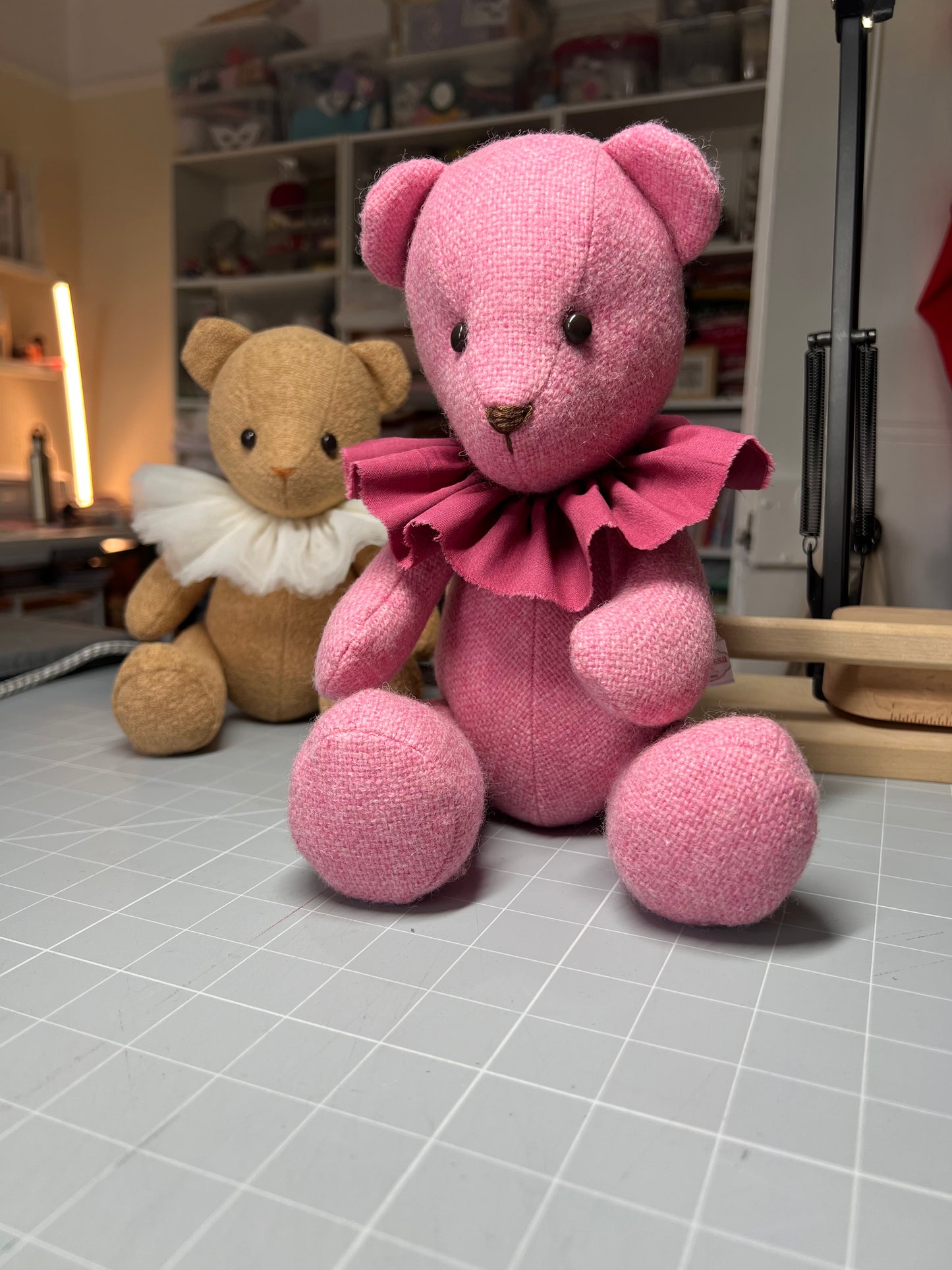 Adorable Handmade Teddy Bear in Pink Manx Tweed fabric - cuddly with closed eyes.