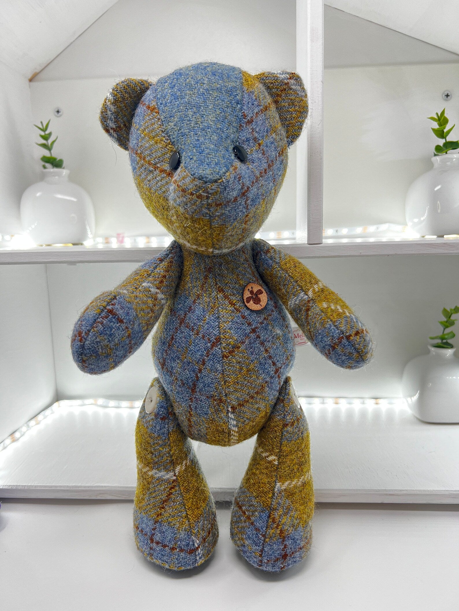 Adorable Handmade Teddy Bear in Blue Mustard Harris Tweed fabric Blu Melissa Melo Handmade