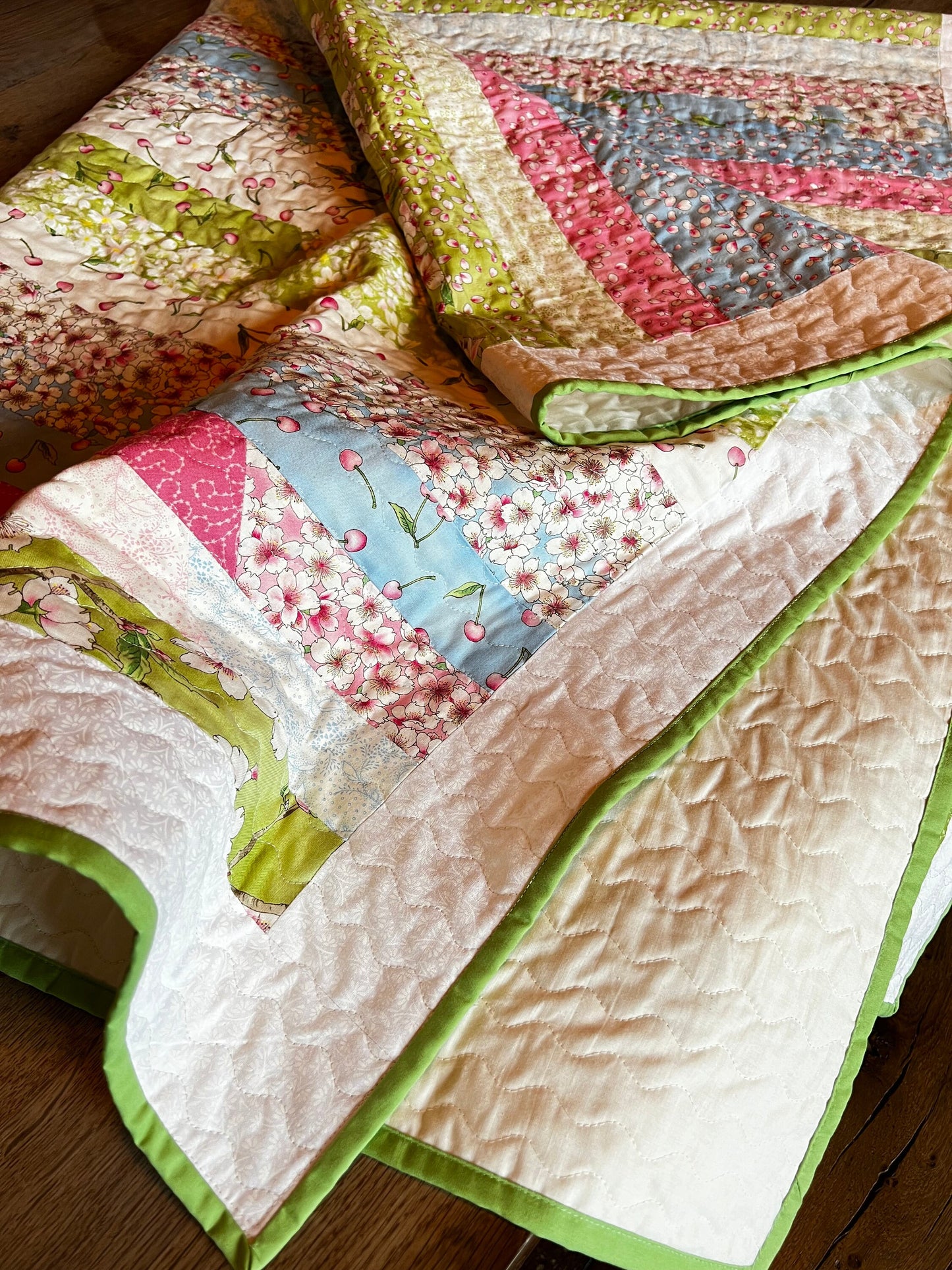 Unique cozy warm happy beautiful colourful Large Throw Blanket pure cotton Quilt Moda Sakura Cherry Blossom design Handmade Patchwork