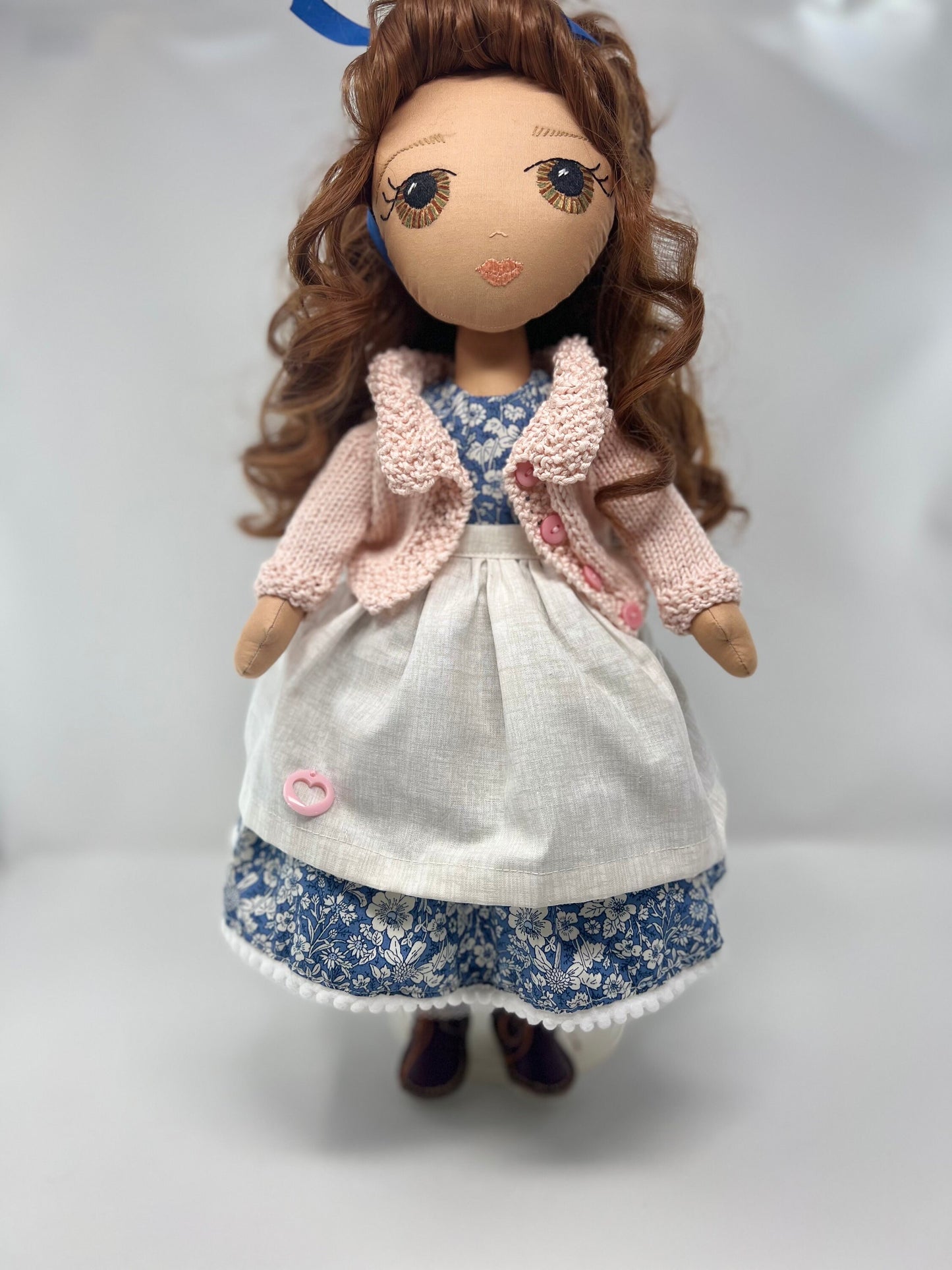 Stunning Heirloom Fabric handmade Rag Doll with embroidered face and blue dress, knitted cardigan and Genuine Leather handcrafted shoes