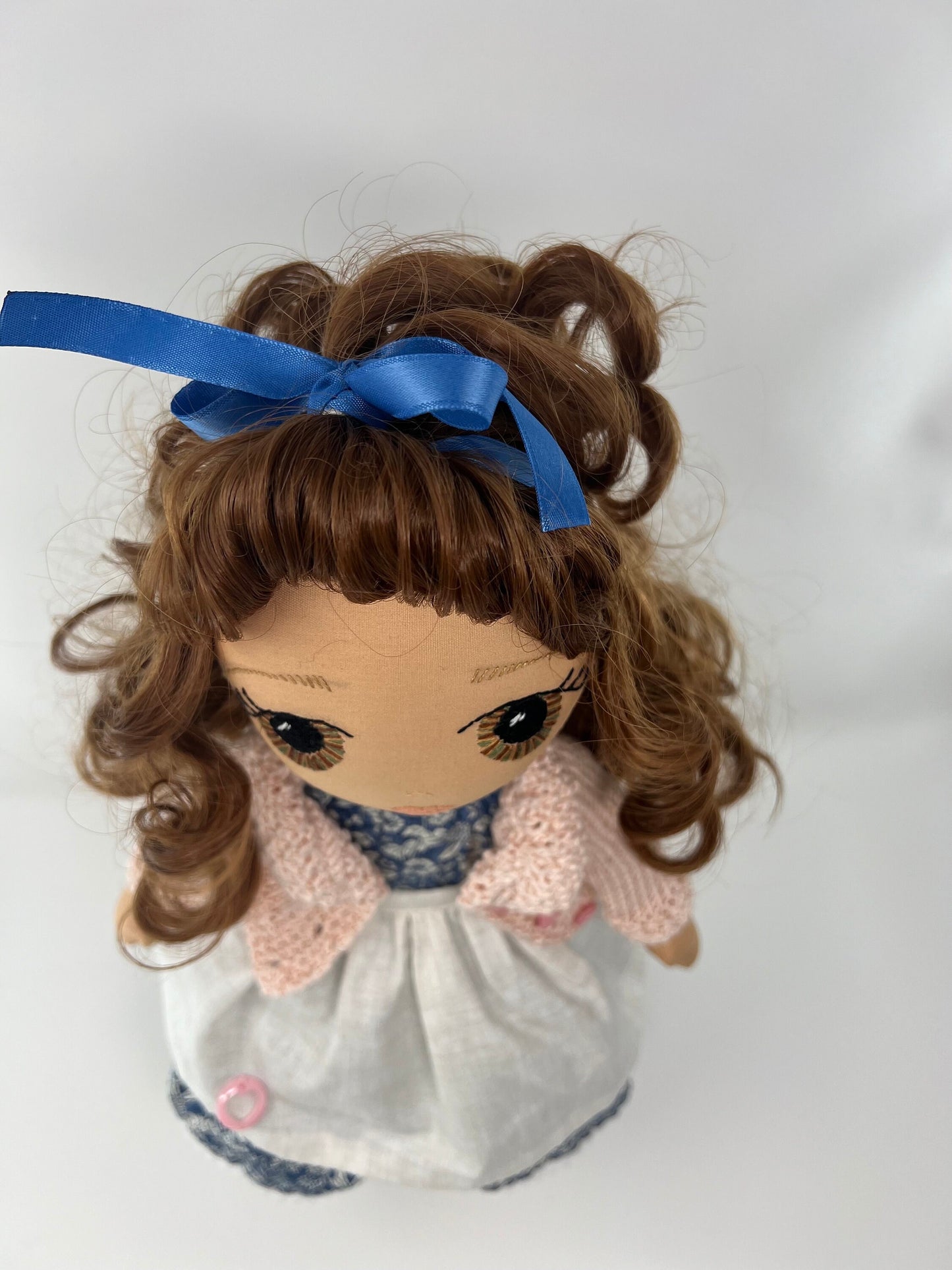 Stunning Heirloom Fabric handmade Rag Doll with embroidered face and blue dress, knitted cardigan and Genuine Leather handcrafted shoes