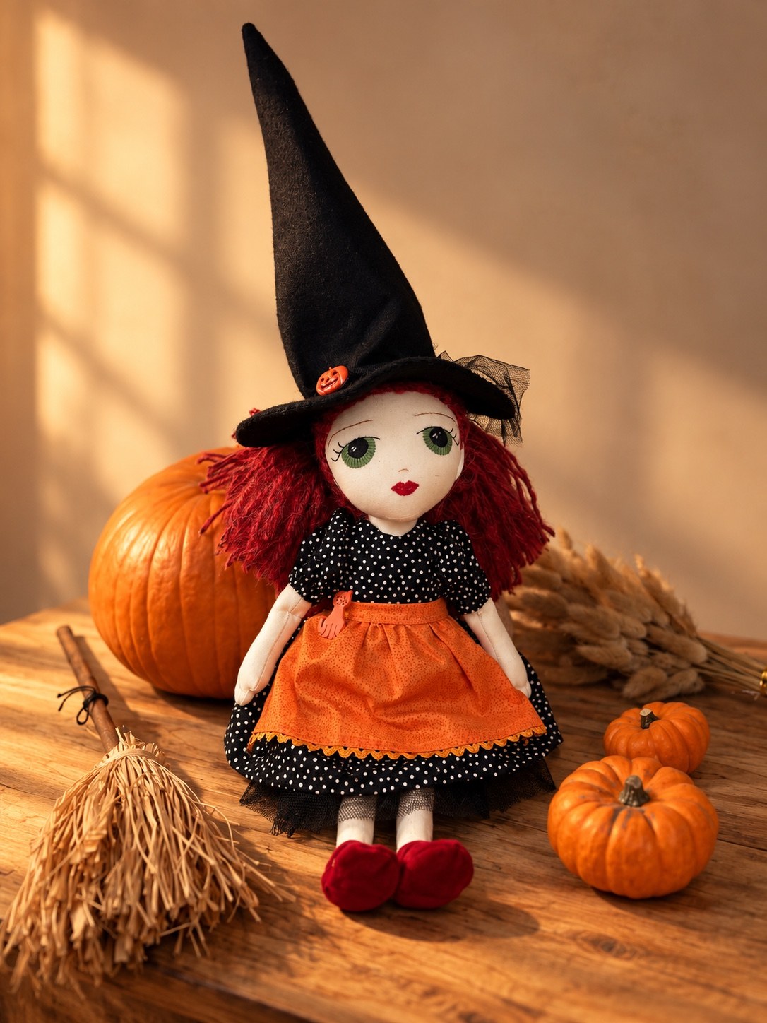 Melissa’s handmade Halloween witch doll with red hair, a tall black hat and an orange apron, surrounded by pumpkins