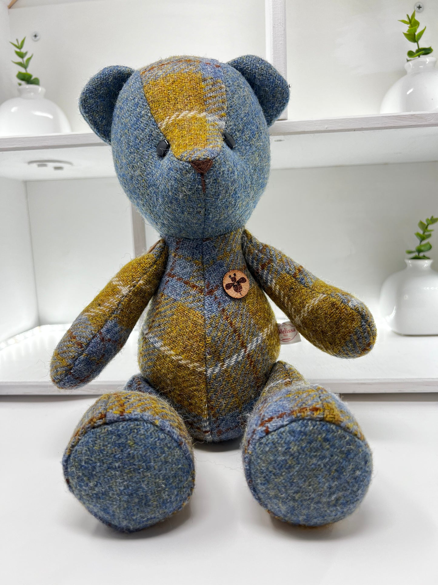 Adorable Handmade Teddy Bear in Blue Mustard Harris Tweed fabric - Blue Mustard Face