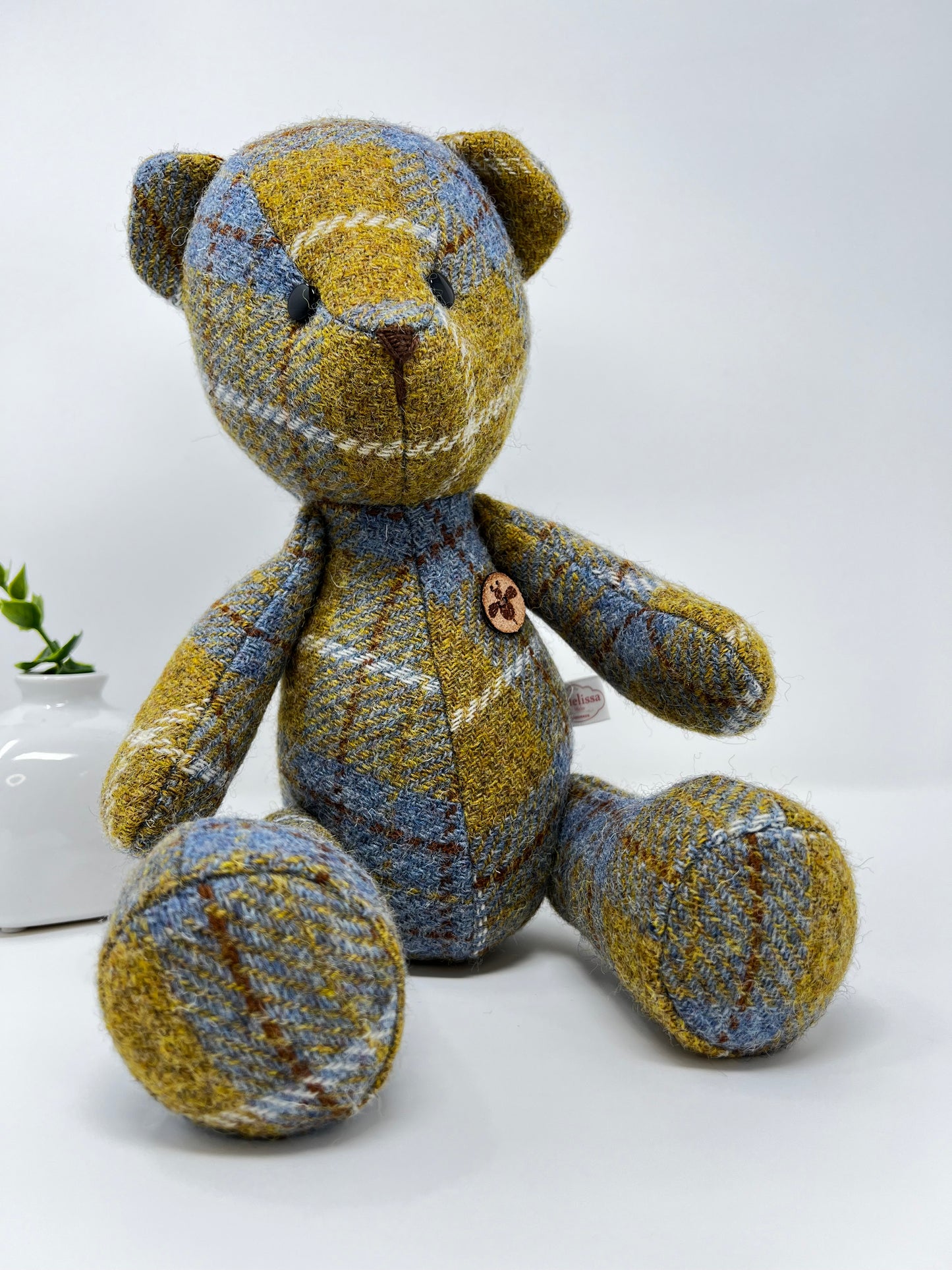 Adorable Handmade Teddy Bear in Blue Mustard Harris Tweed fabric - Full Blue Mustard