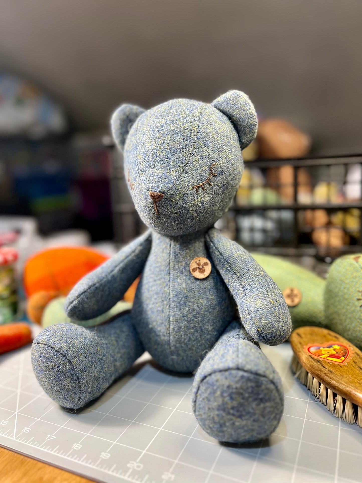 Adorable Handmade Teddy Bear in Blue Harris Tweed fabric