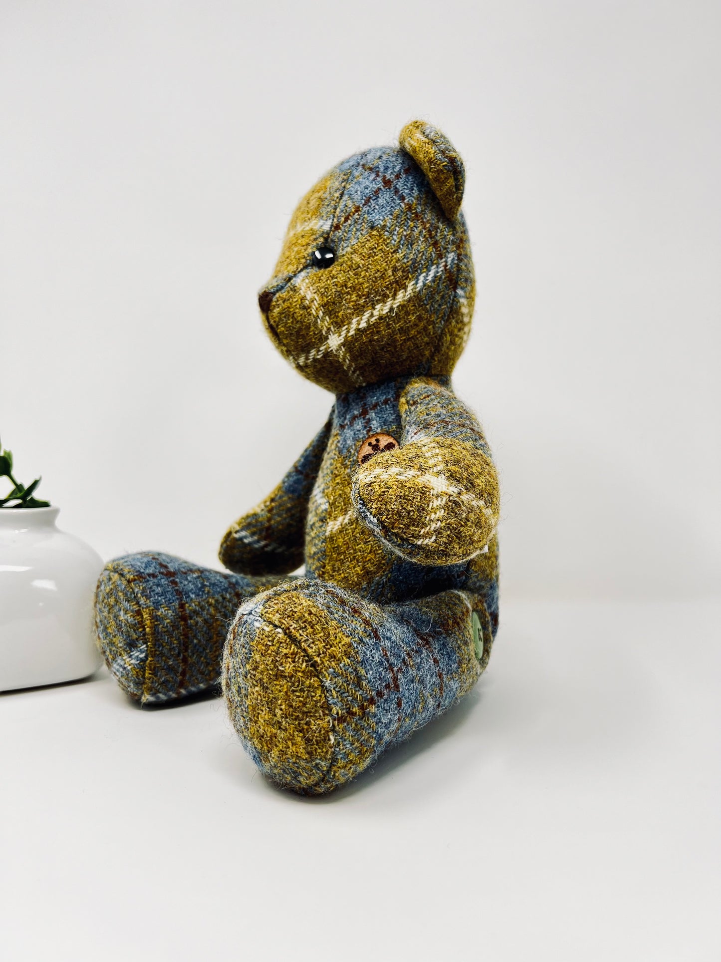 Adorable Handmade Teddy Bear in Blue Mustard Harris Tweed fabric - Full Blue Mustard