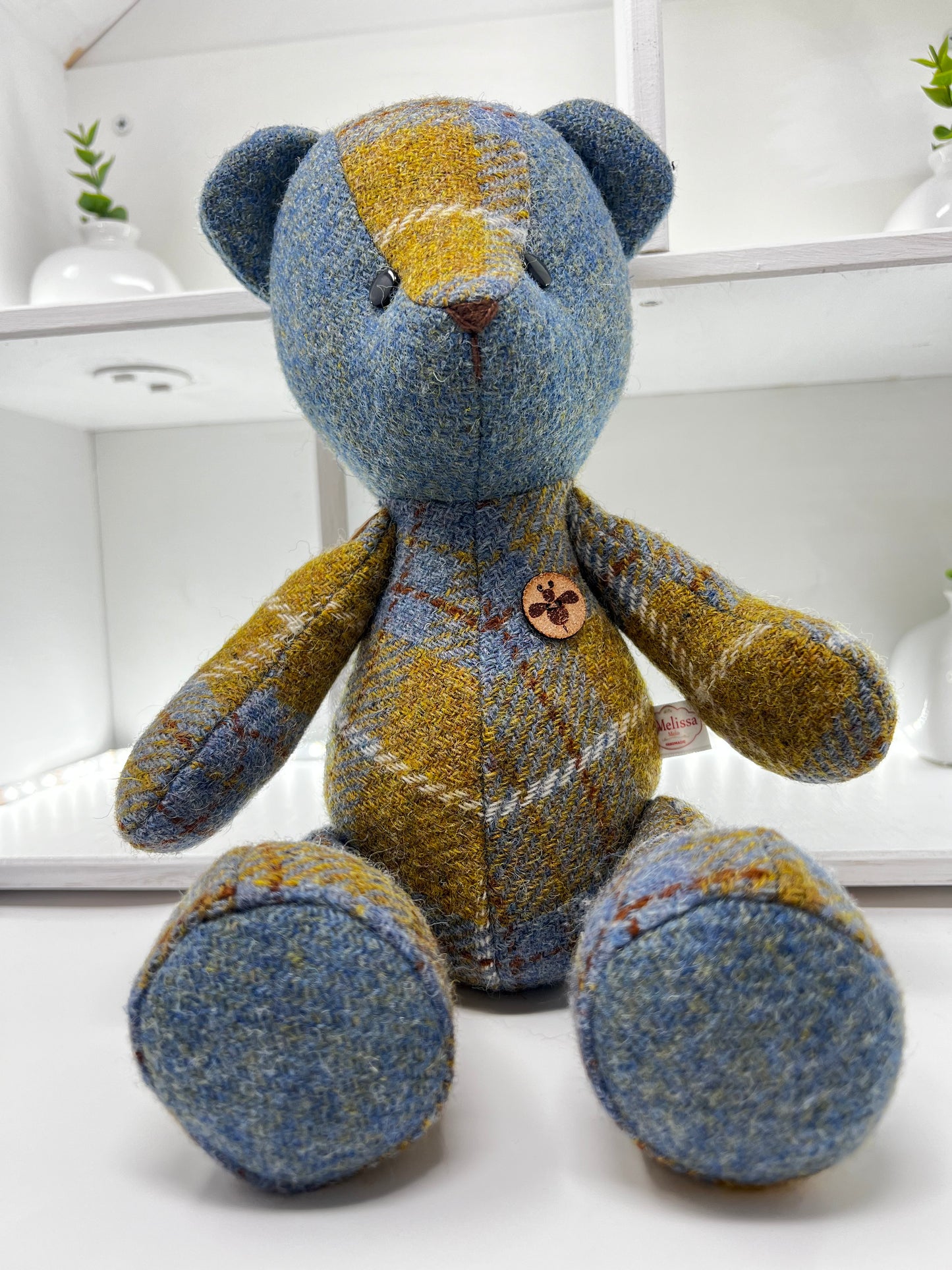 Adorable Handmade Teddy Bear in Blue Mustard Harris Tweed fabric - Blue Mustard Face