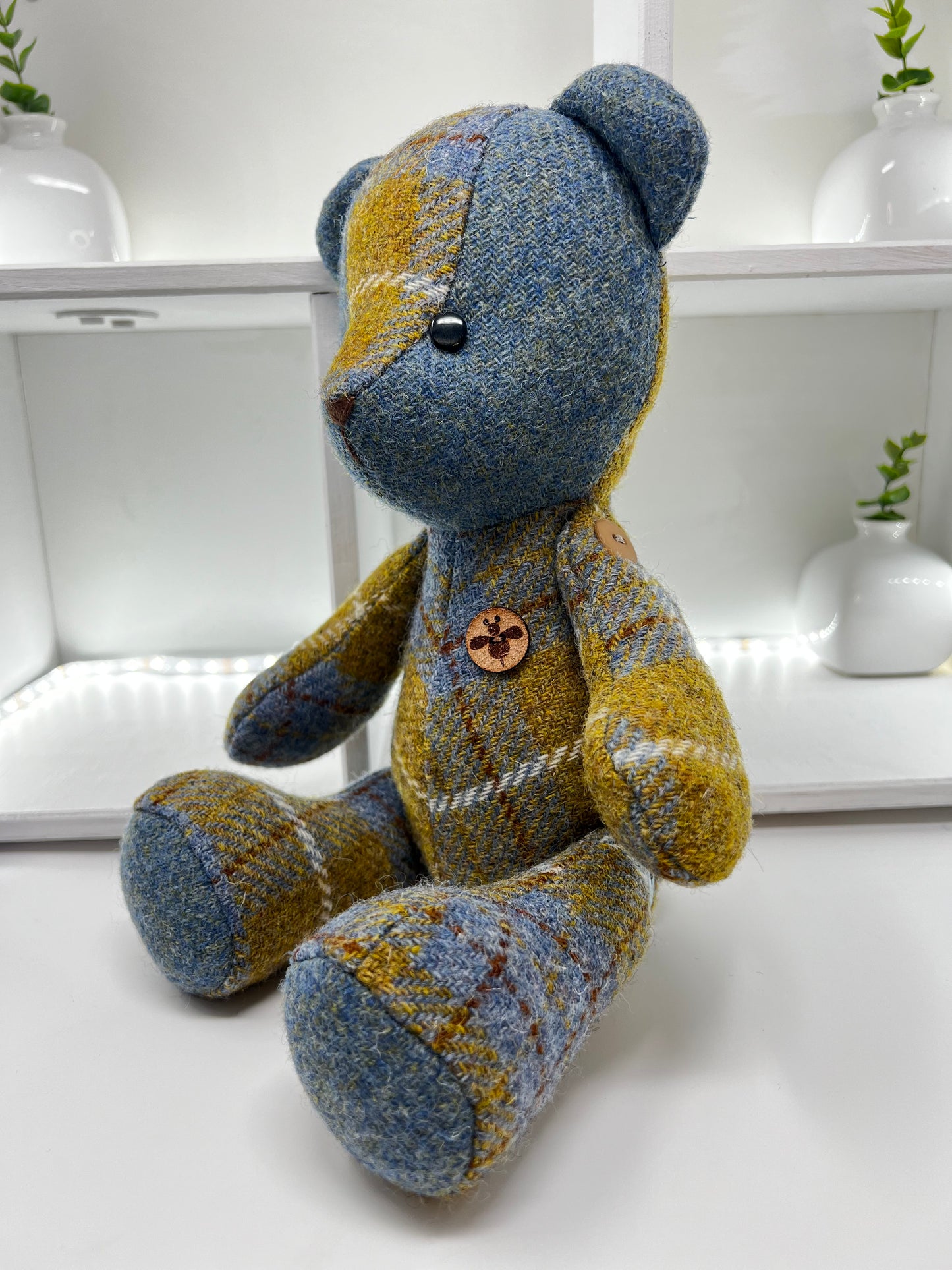 Adorable Handmade Teddy Bear in Blue Mustard Harris Tweed fabric - Blue Mustard Face