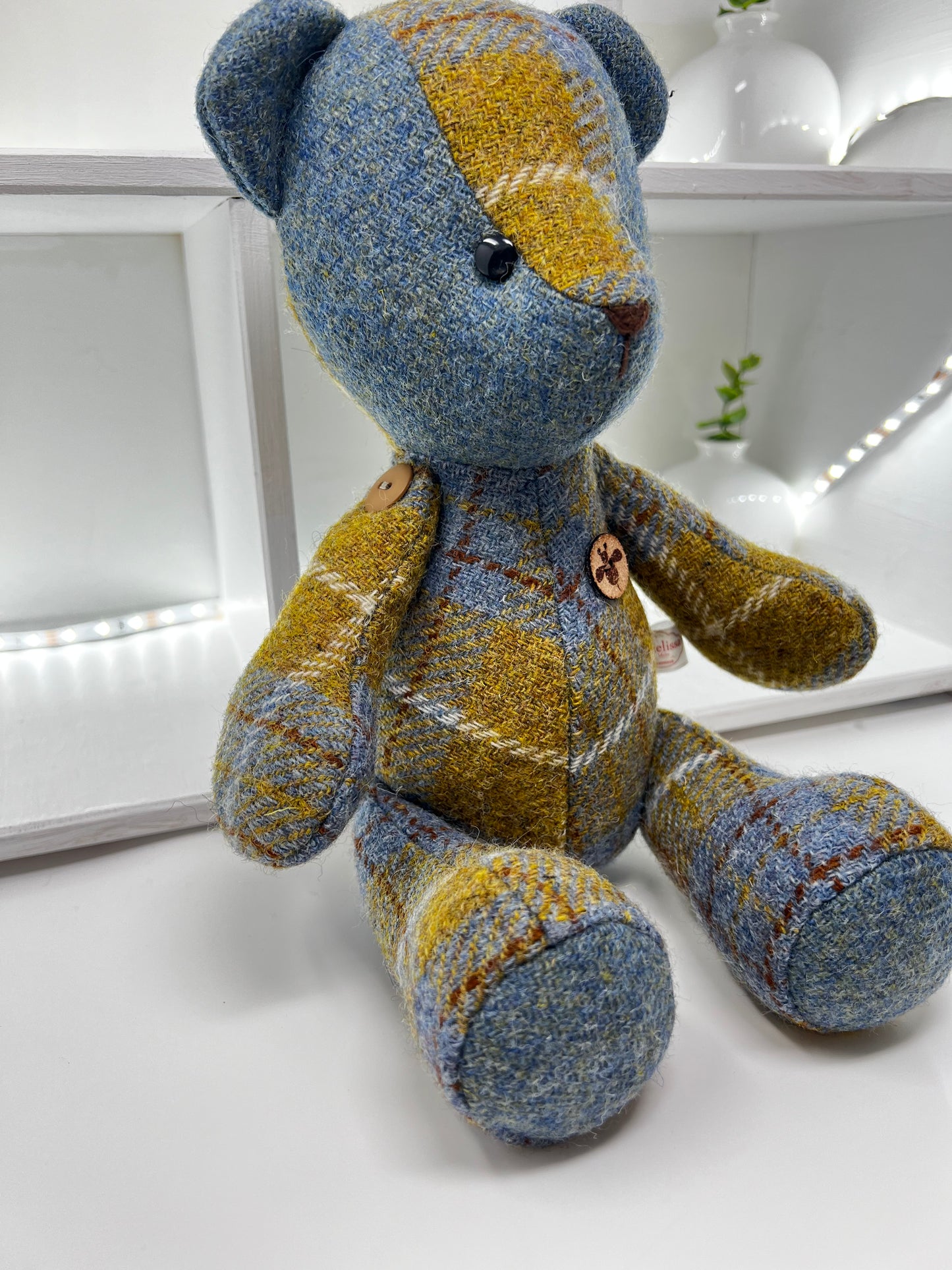 Adorable Handmade Teddy Bear in Blue Mustard Harris Tweed fabric - Blue Mustard Face