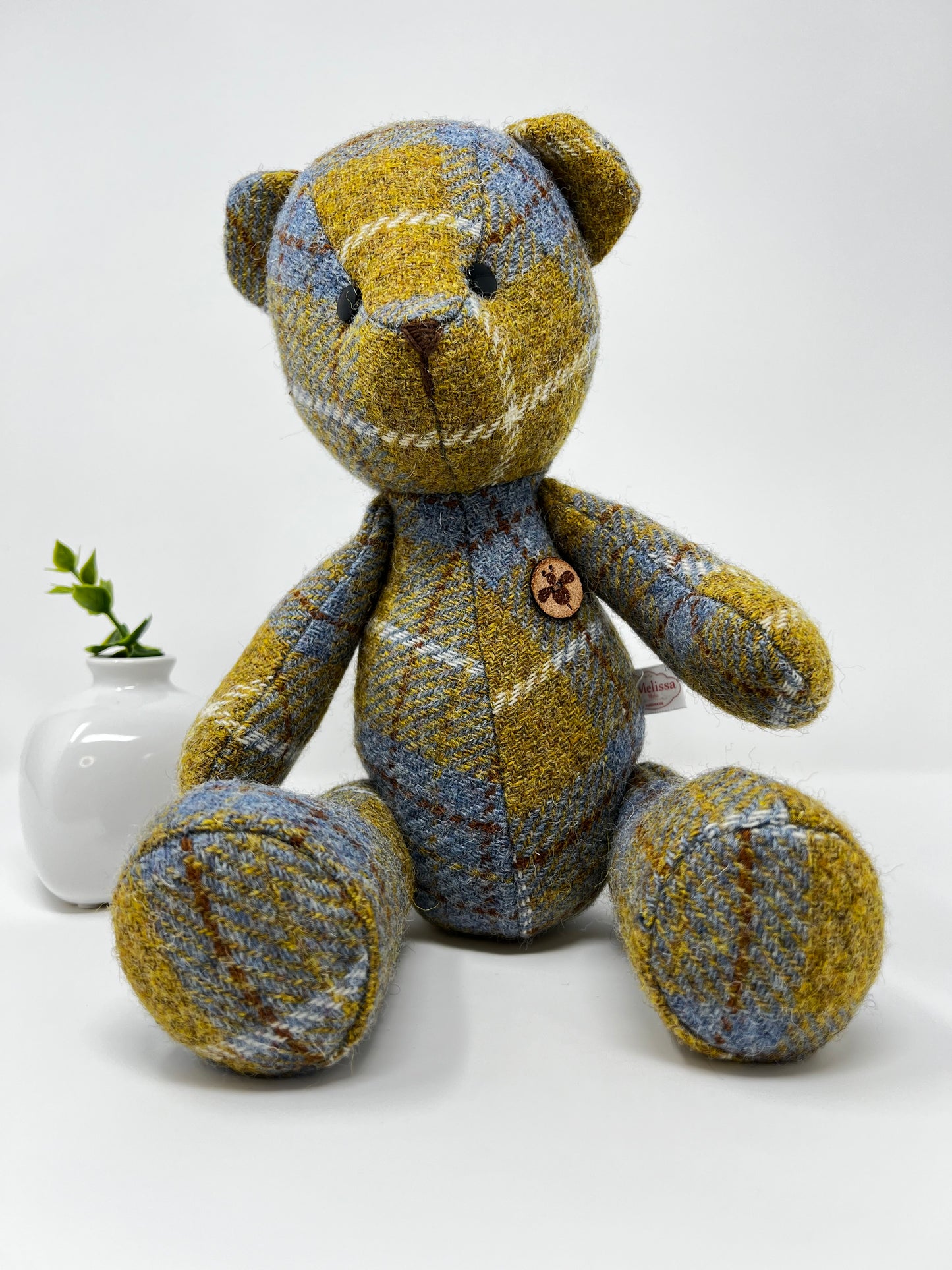 Adorable Handmade Teddy Bear in Blue Mustard Harris Tweed fabric - Full Blue Mustard