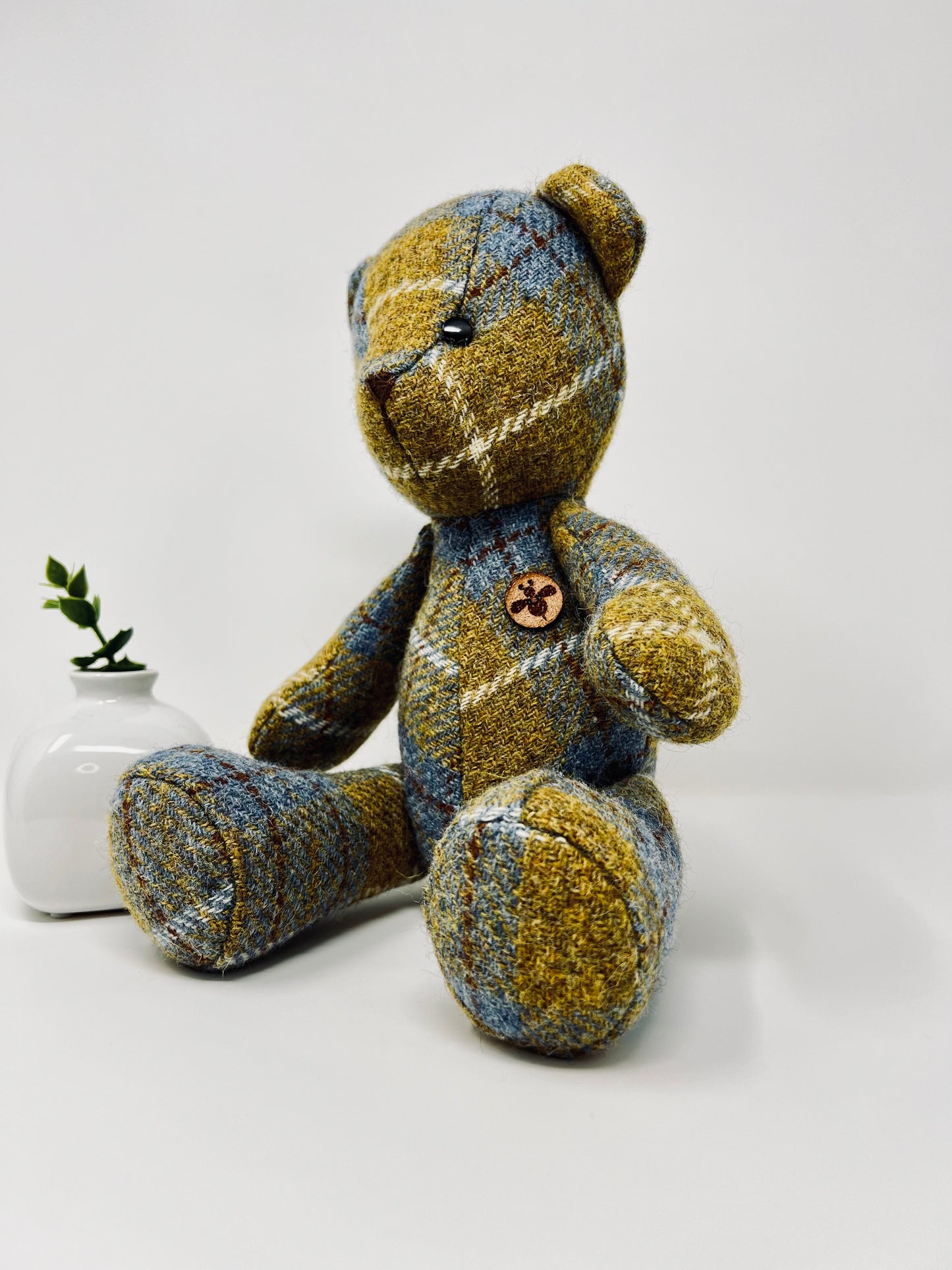 Adorable Handmade Teddy Bear in Blue Mustard Harris Tweed fabric - Full Blue Mustard