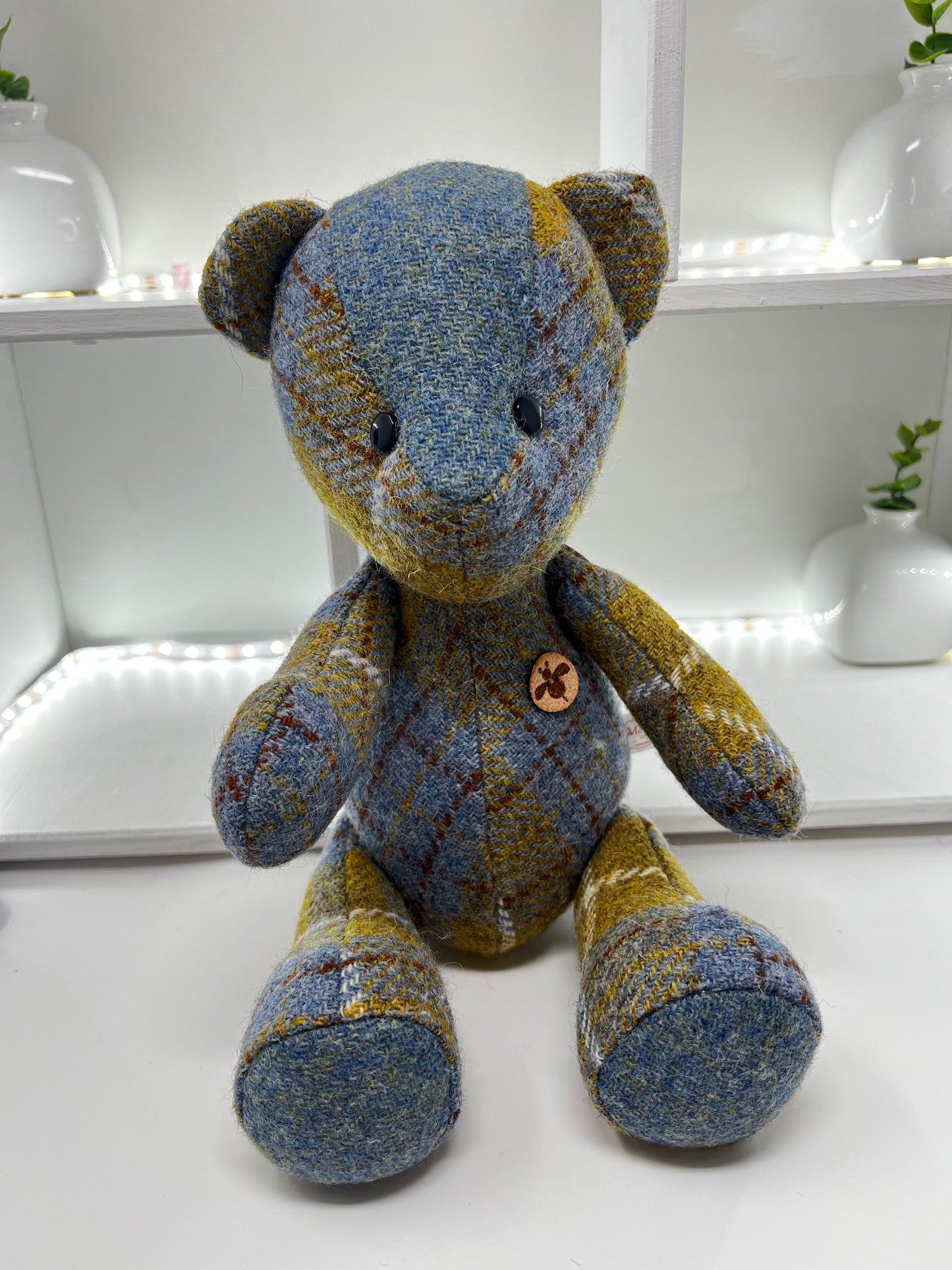 Adorable Handmade Teddy Bear in Blue Mustard Harris Tweed fabric - Blue Mustard Nose