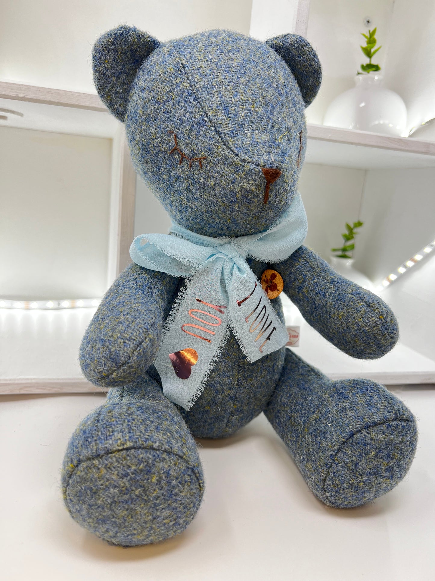 Adorable Handmade Teddy Bear in Blue Harris Tweed fabric