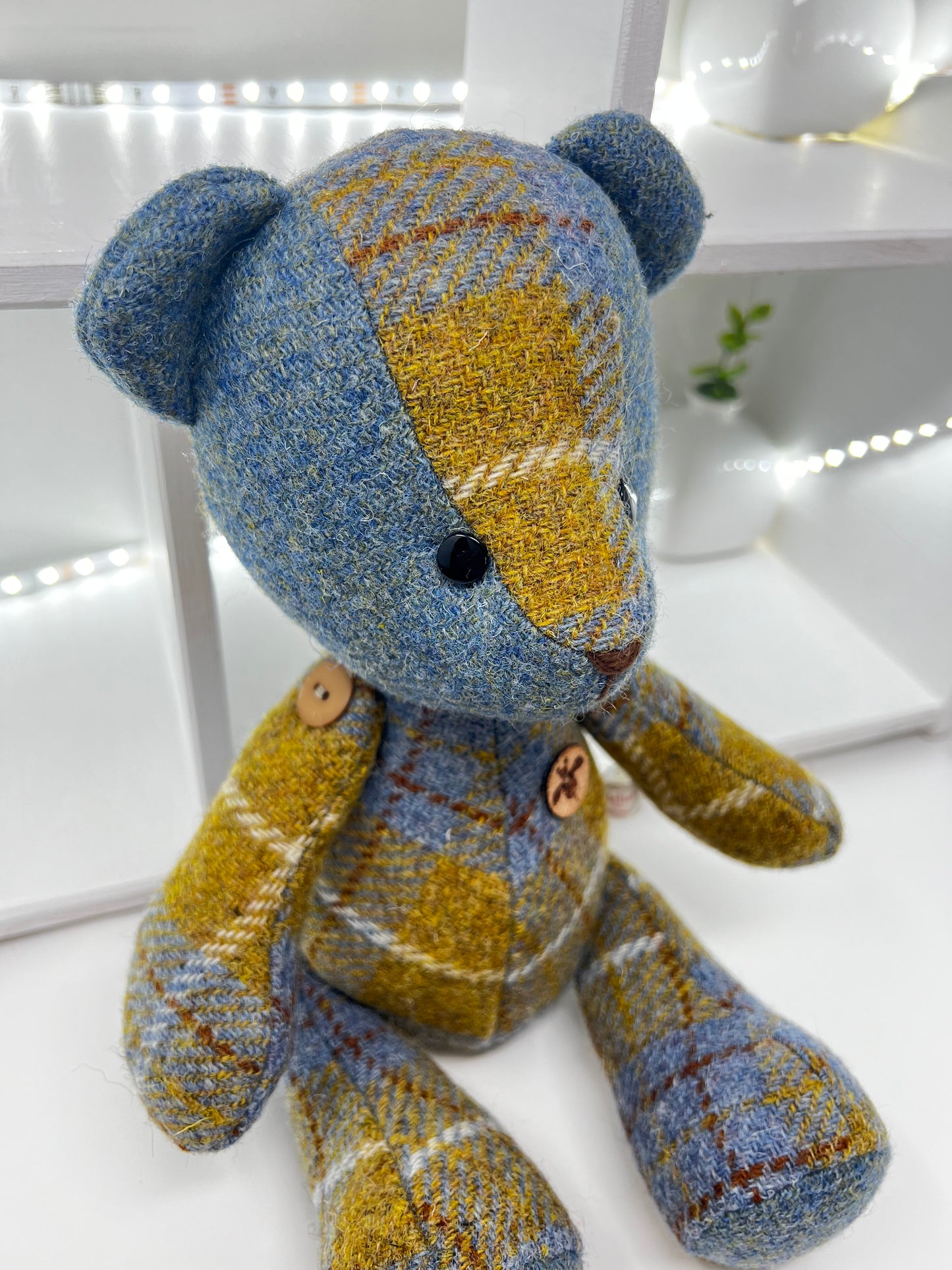 Adorable Handmade Teddy Bear in Blue Mustard Harris Tweed fabric - Blue Mustard Face