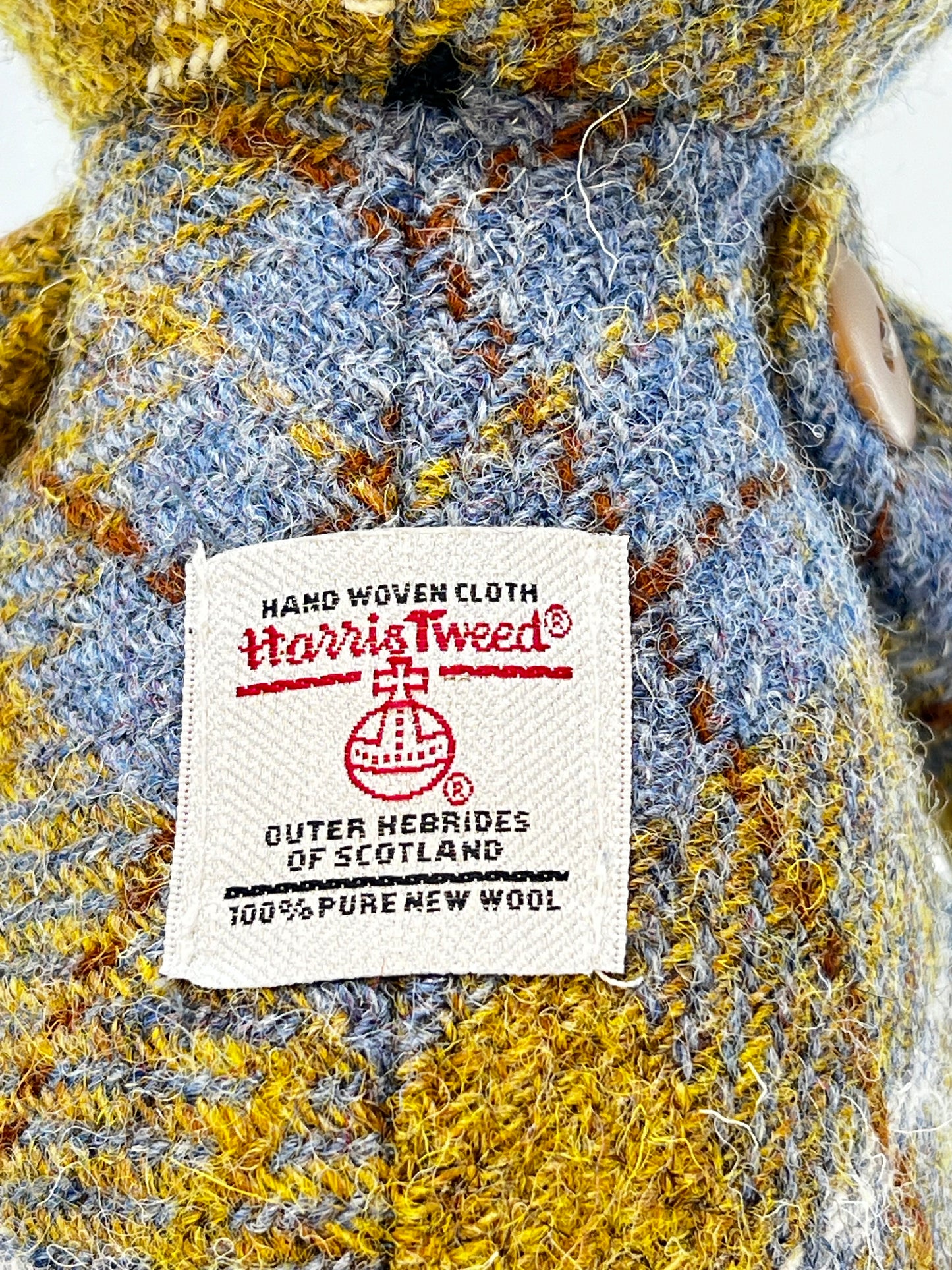 Adorable Handmade Teddy Bear in Blue Mustard Harris Tweed fabric - Blue Mustard Face