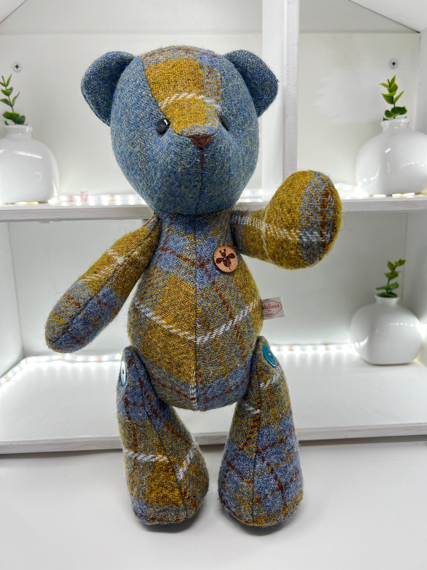 Adorable Handmade Teddy Bear in Blue Mustard Harris Tweed fabric - Blue Mustard Face