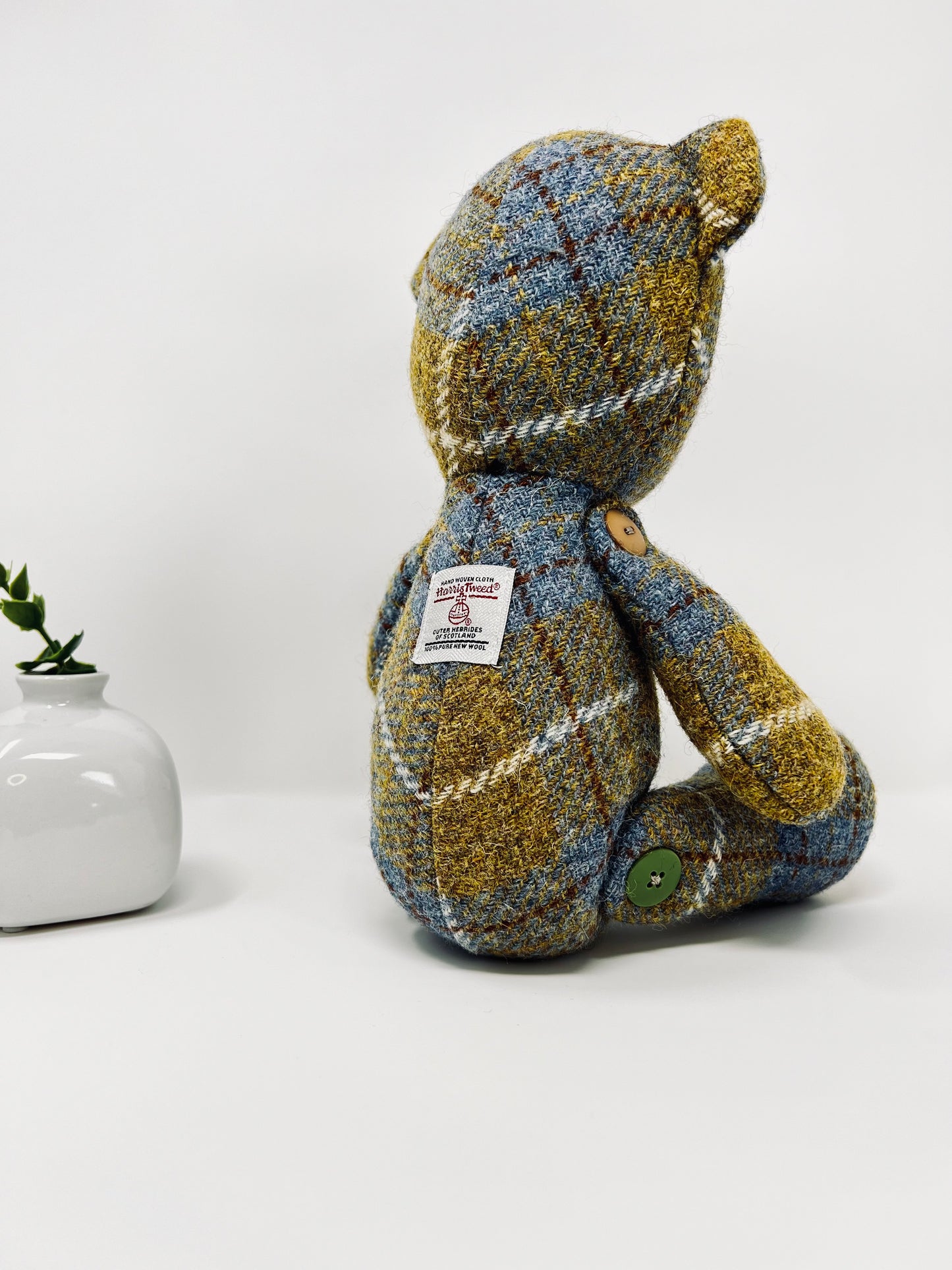 Adorable Handmade Teddy Bear in Blue Mustard Harris Tweed fabric - Full Blue Mustard