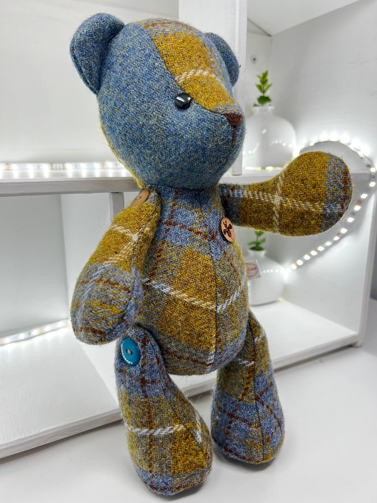 Adorable Handmade Teddy Bear in Blue Mustard Harris Tweed fabric - Blue Mustard Face