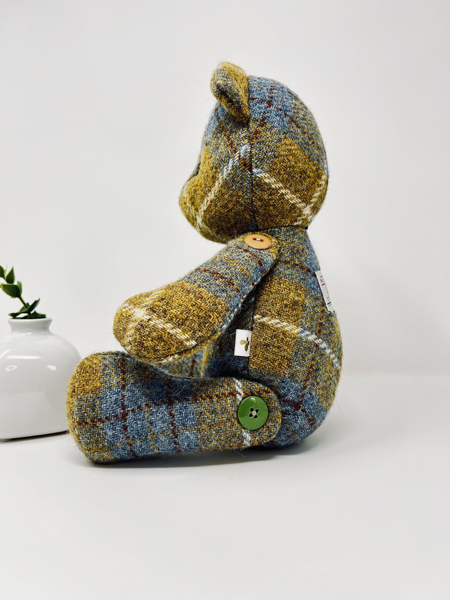 Adorable Handmade Teddy Bear in Blue Mustard Harris Tweed fabric - Full Blue Mustard