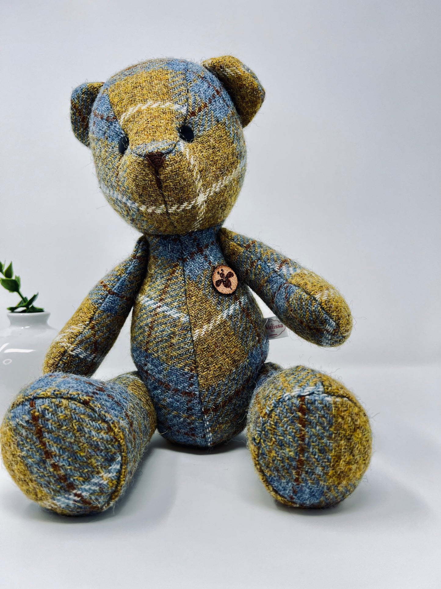 Adorable Handmade Teddy Bear in Blue Mustard Harris Tweed fabric - Full Blue Mustard