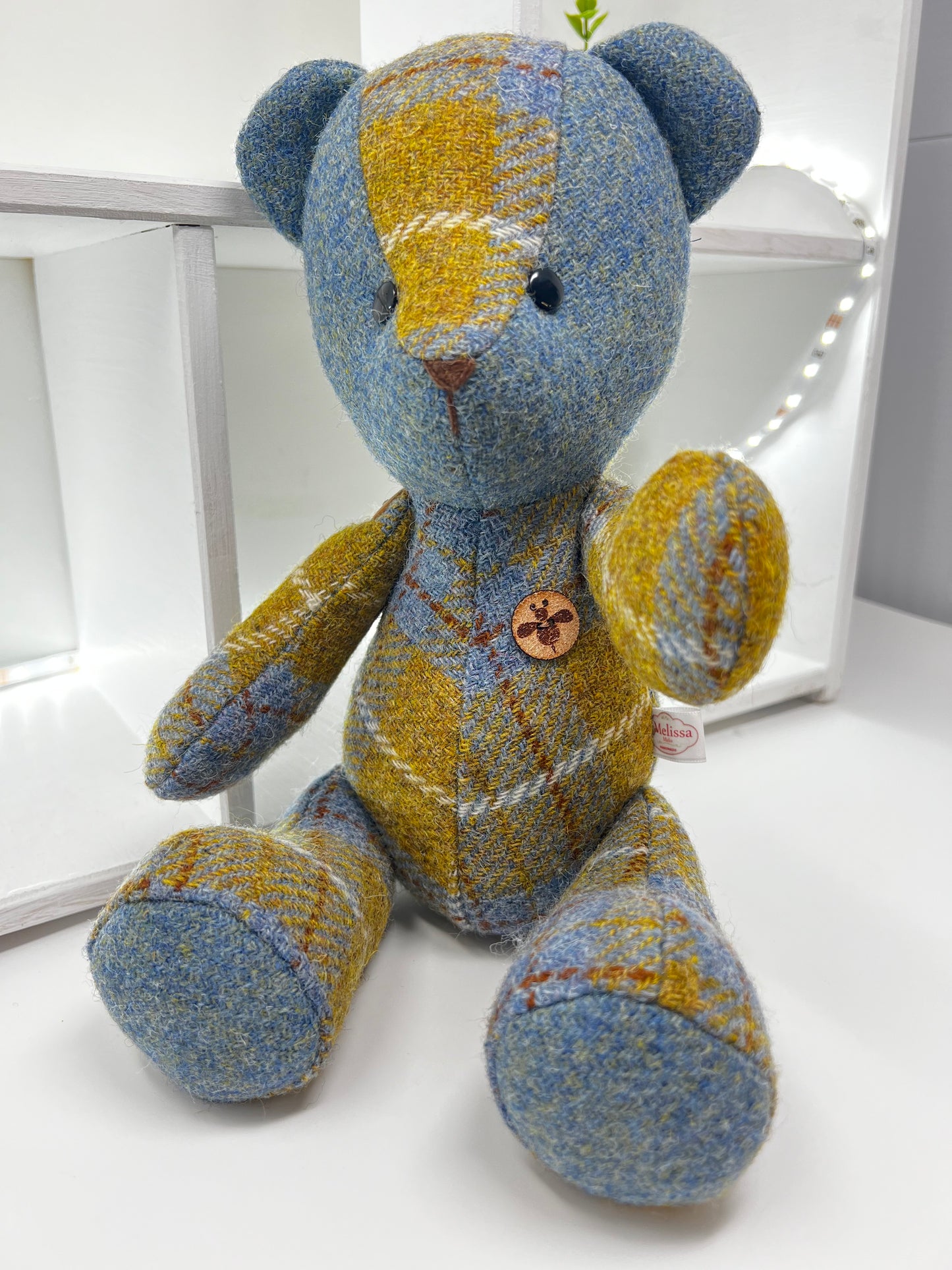 Adorable Handmade Teddy Bear in Blue Mustard Harris Tweed fabric - Blue Mustard Face