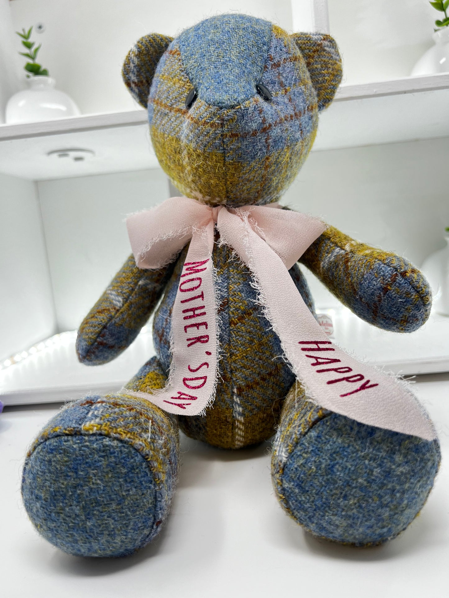 Adorable Handmade Teddy Bear in Blue Mustard Harris Tweed fabric - Blue Mustard Nose