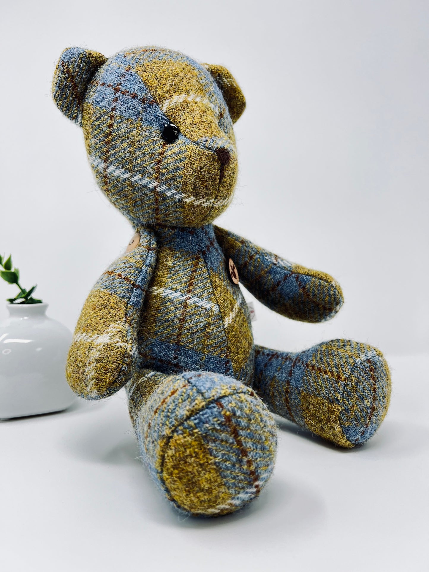 Adorable Handmade Teddy Bear in Blue Mustard Harris Tweed fabric - Full Blue Mustard