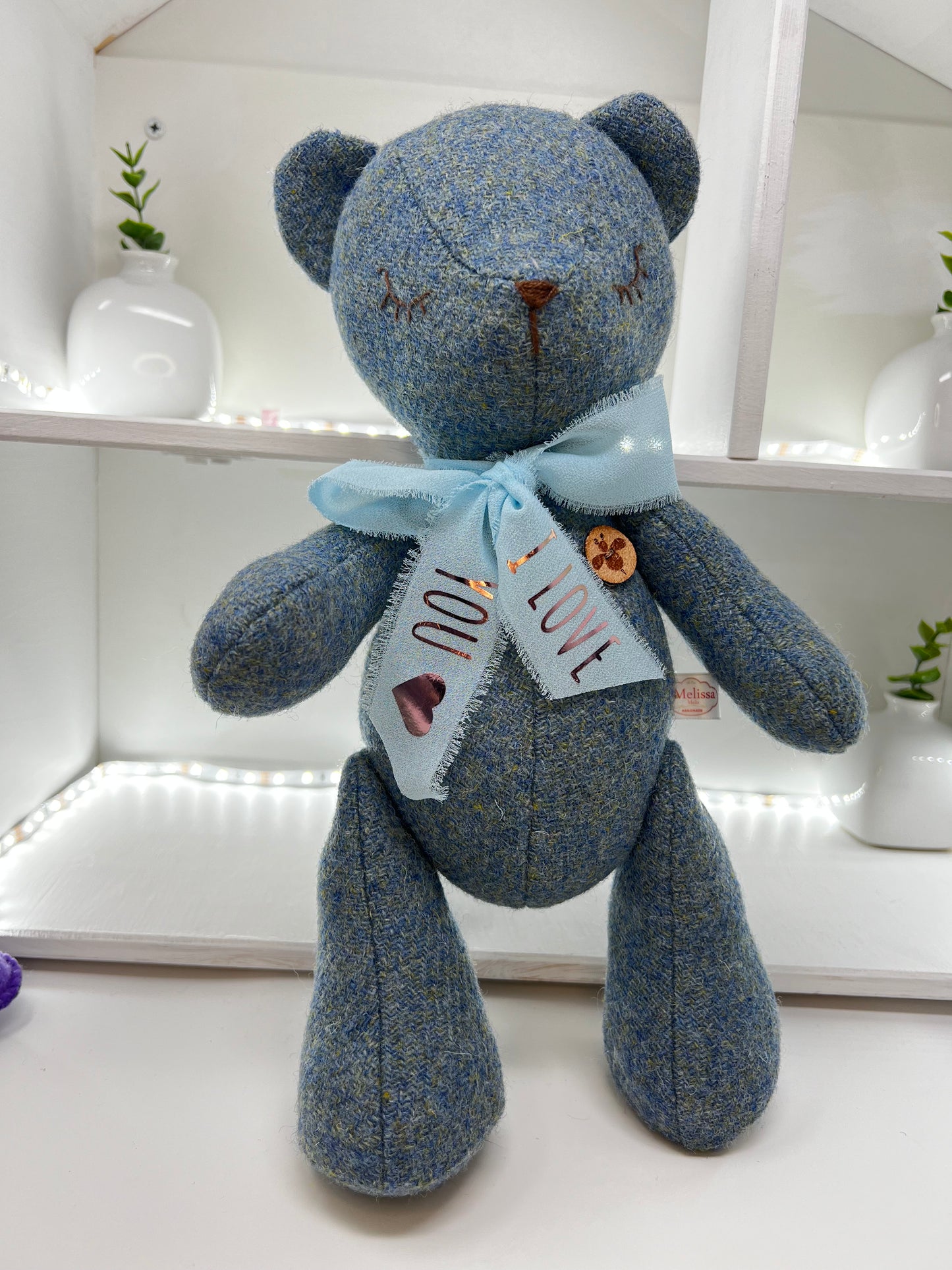 Adorable Handmade Teddy Bear in Blue Harris Tweed fabric