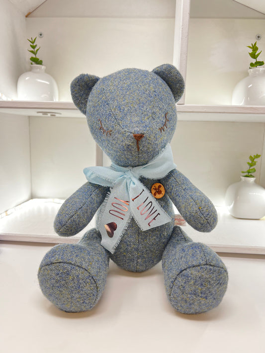 Adorable Handmade Teddy Bear in Blue Harris Tweed fabric