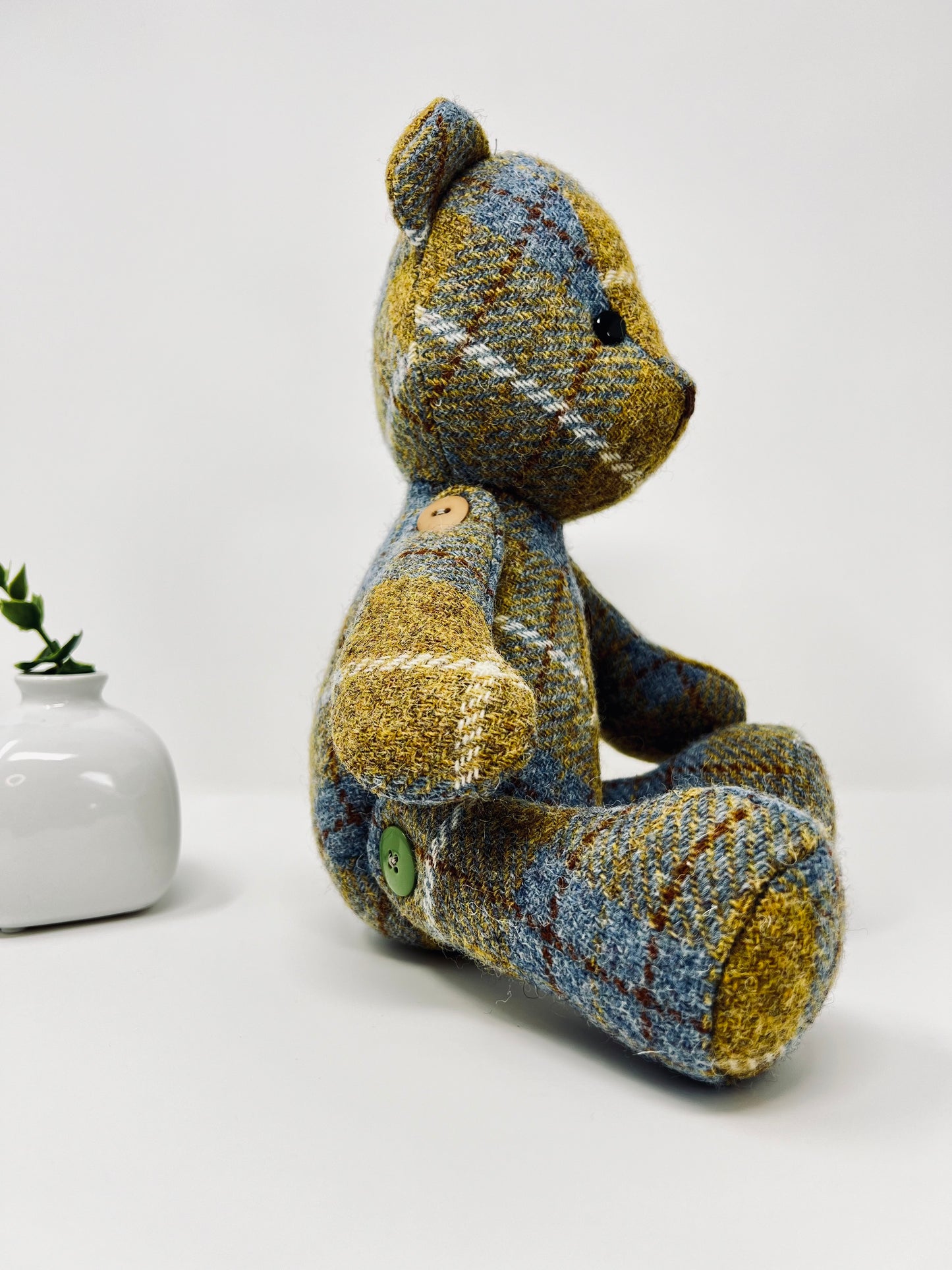 Adorable Handmade Teddy Bear in Blue Mustard Harris Tweed fabric - Full Blue Mustard