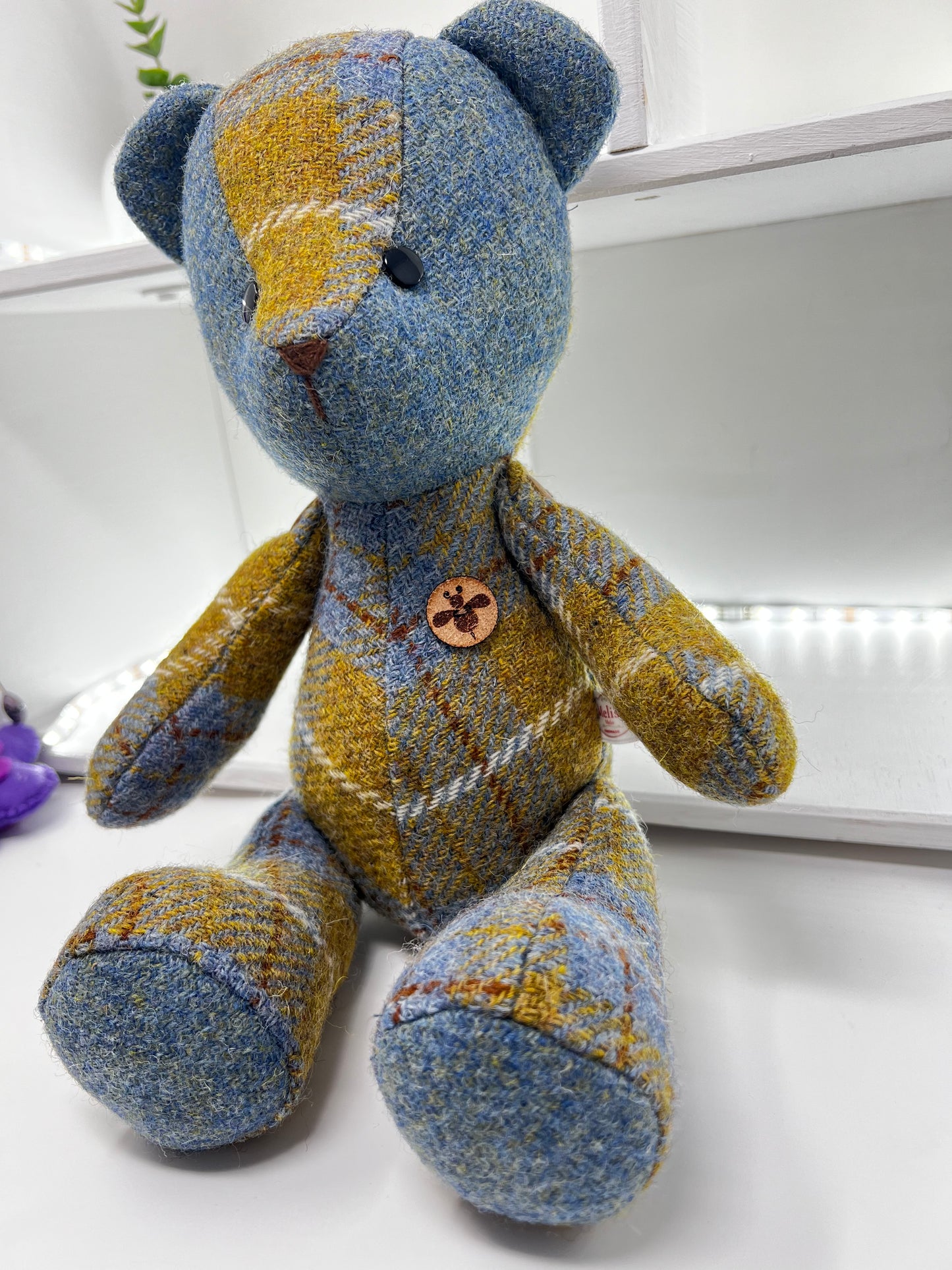 Adorable Handmade Teddy Bear in Blue Mustard Harris Tweed fabric - Blue Mustard Face