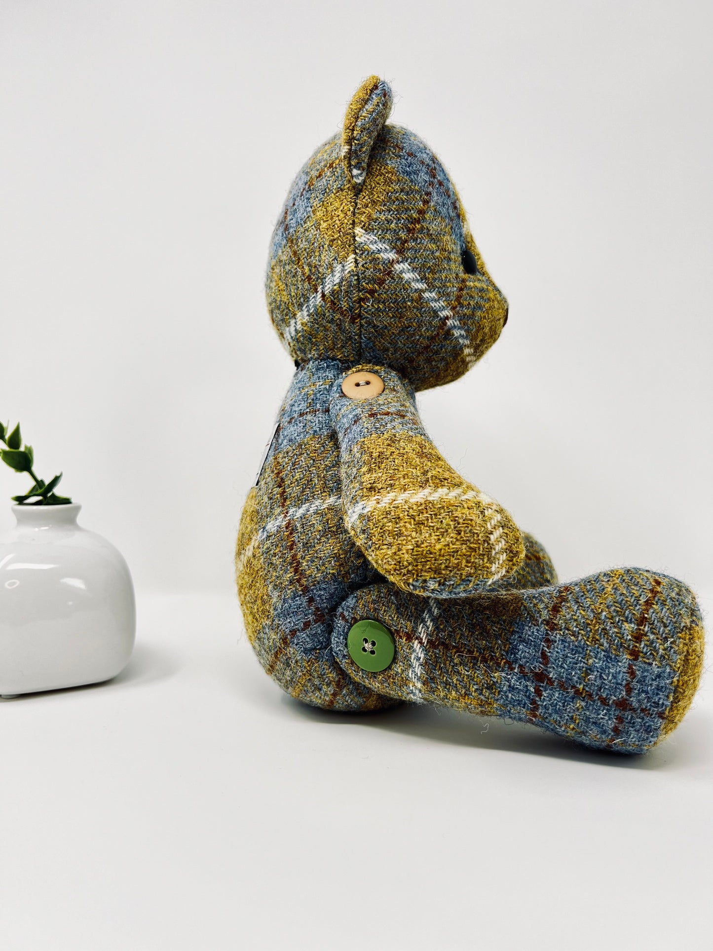 Adorable Handmade Teddy Bear in Blue Mustard Harris Tweed fabric - Full Blue Mustard