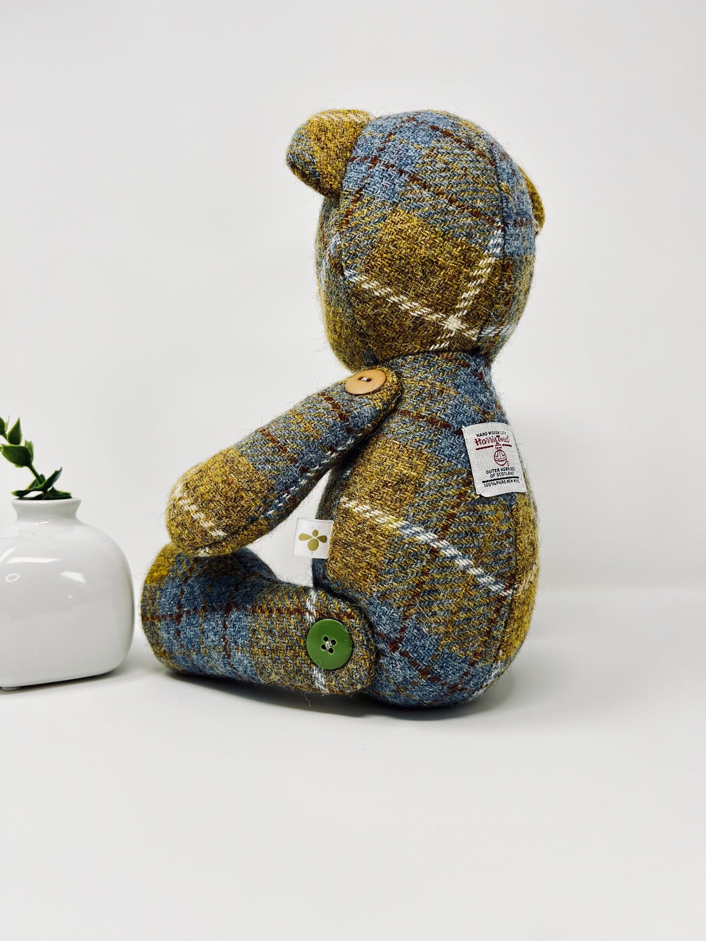 Adorable Handmade Teddy Bear in Blue Mustard Harris Tweed fabric - Full Blue Mustard