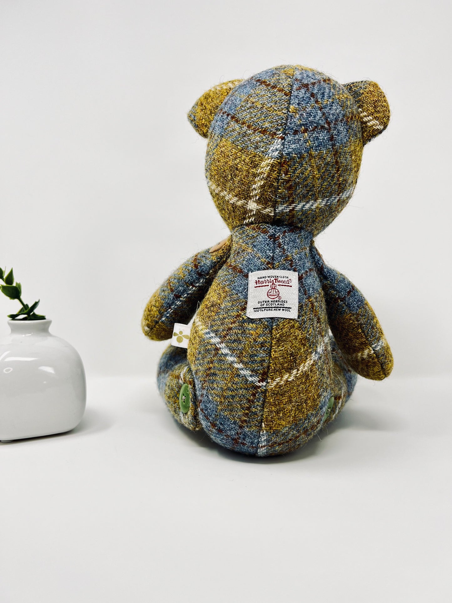 Adorable Handmade Teddy Bear in Blue Mustard Harris Tweed fabric - Full Blue Mustard