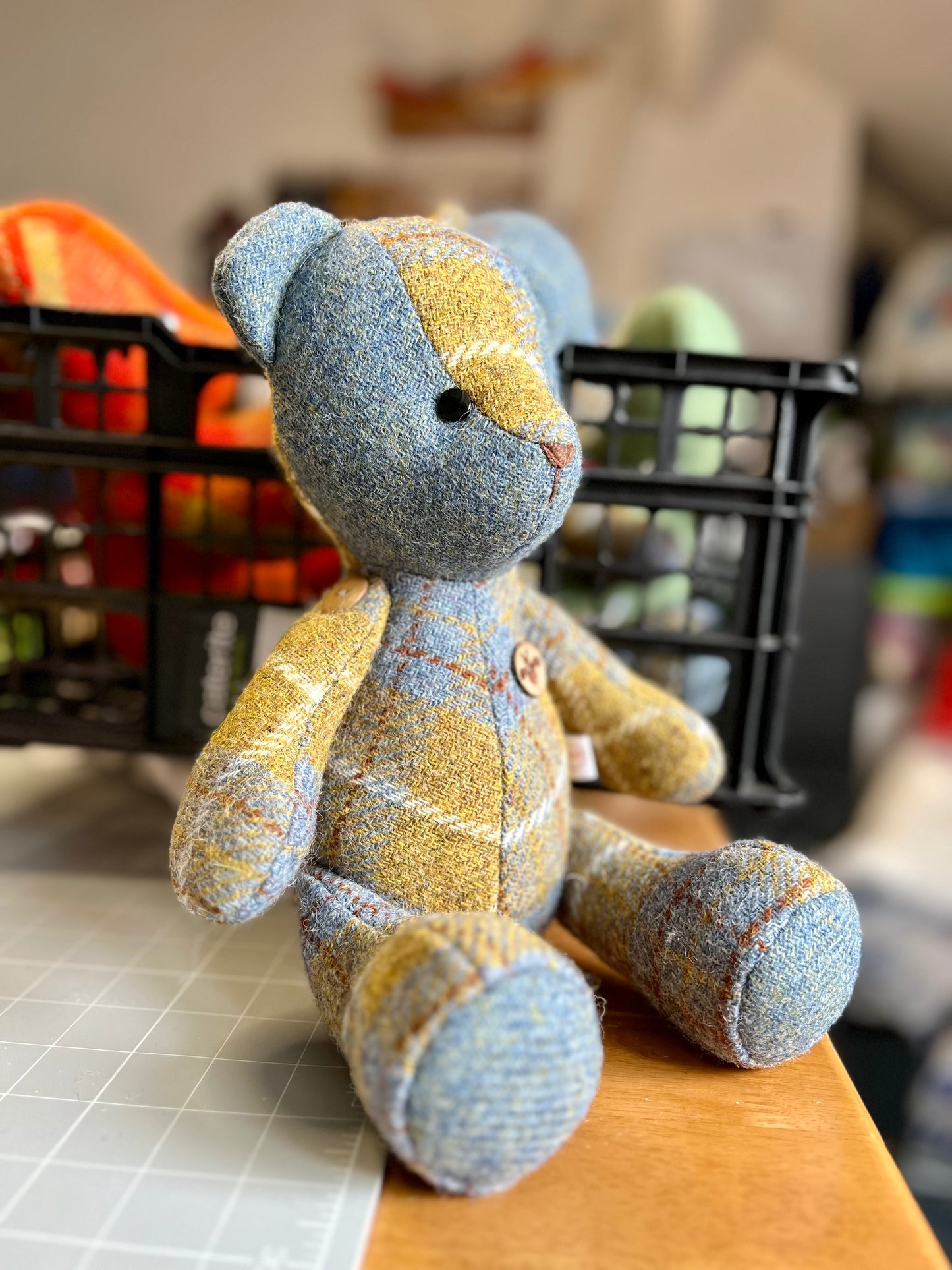 Adorable Handmade Teddy Bear in Blue Mustard Harris Tweed fabric - Blue Mustard Face