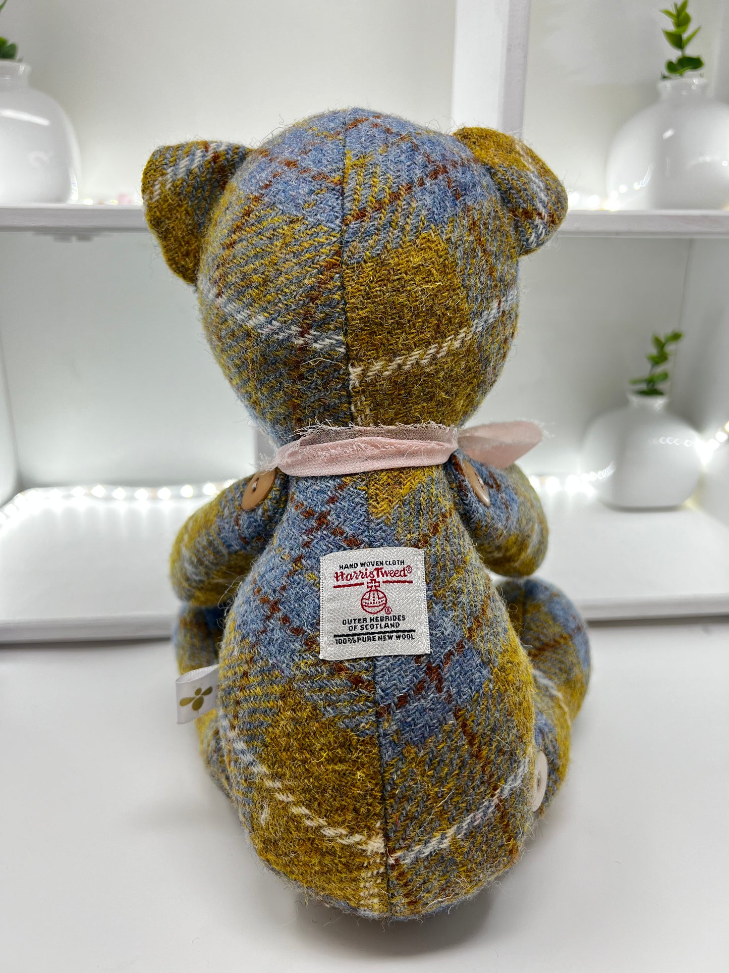 Adorable Handmade Teddy Bear in Blue Mustard Harris Tweed fabric - Blue Mustard Nose