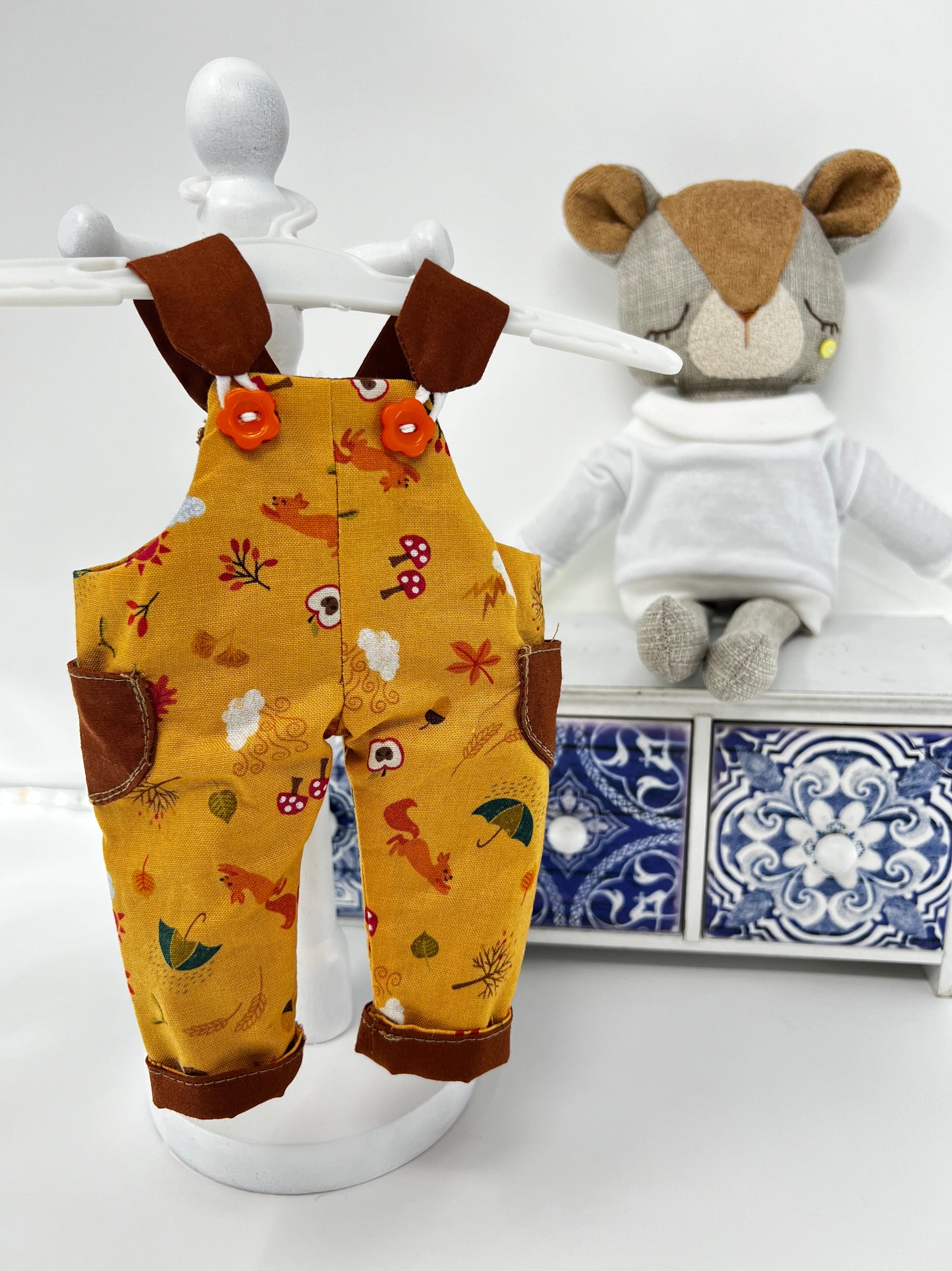 Handmade Cute Hugs Bear in Autumn Overalls