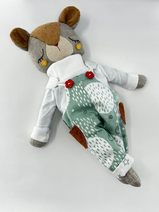 Handmade Cute Hugs Bear in Green Dungarees with Orange flower buttons