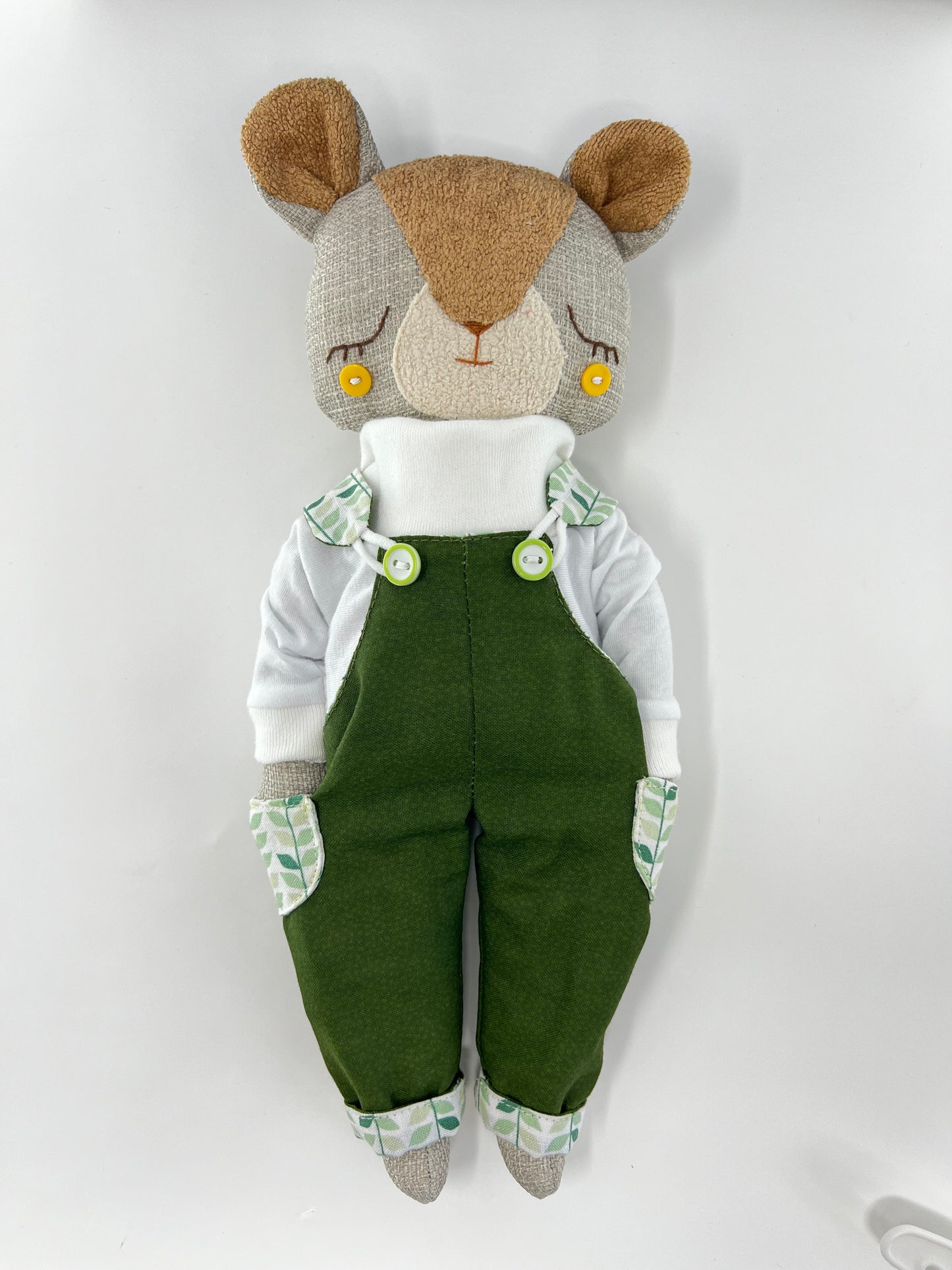 Handmade Cute Hugs Bear in dark green dungarees