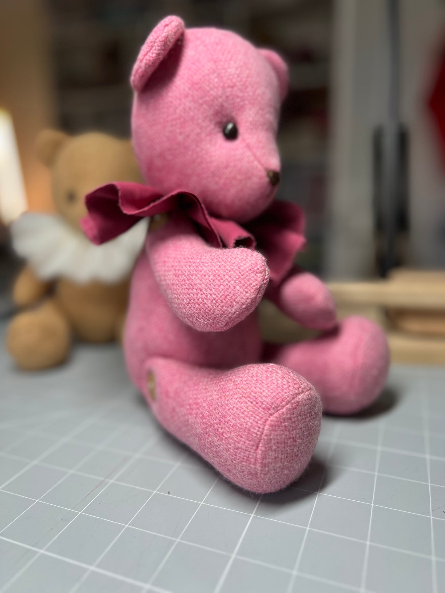 Adorable Handmade Teddy Bear in Pink Manx Tweed fabric - cuddly with closed eyes.